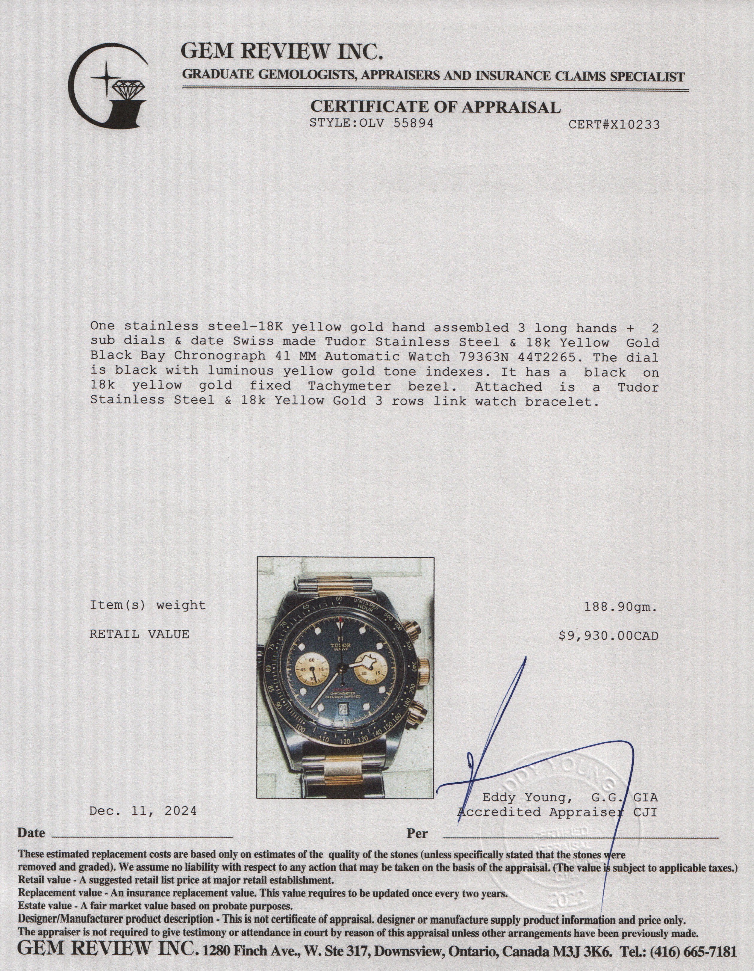 Tudor Stainless Steel & 18k Yellow Gold Black Bay Chronograph 41 MM Automatic Watch 79363N w/ Box & Papers