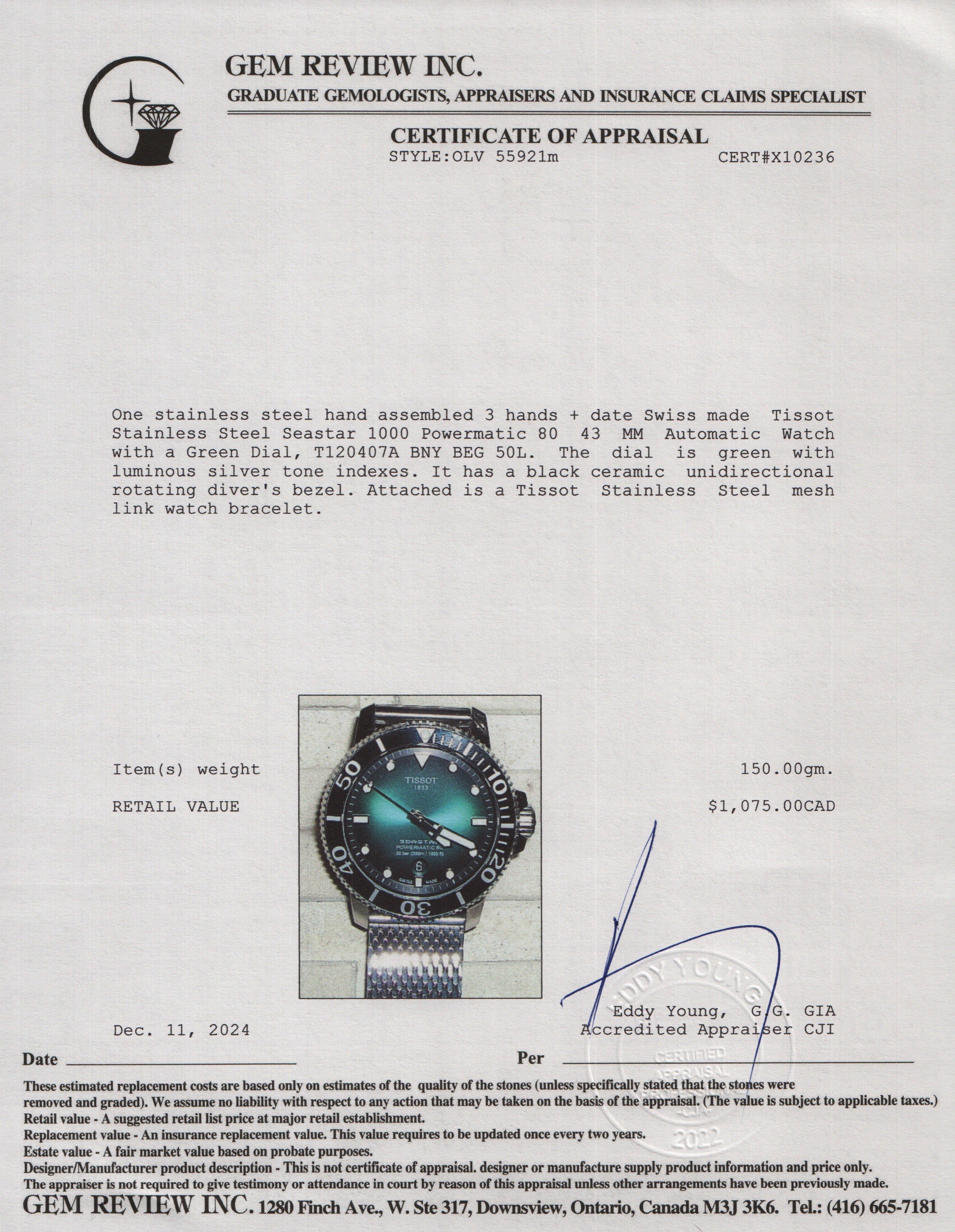 Tissot Stainless Steel Seastar 1000 Powermatic 80 43 MM Automatic Watch Green Dial w/ Box