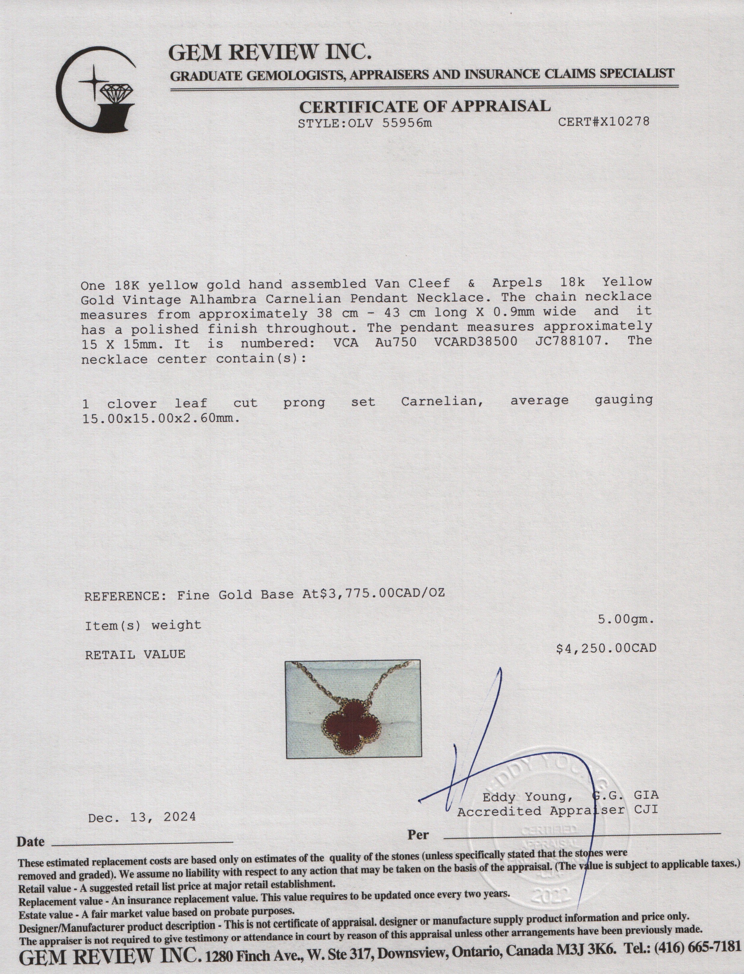Van Cleef & Arpels 18k Yellow Gold Vintage Alhambra Carnelian Pendant Necklace w/ Pouch, Receipt & Certificate