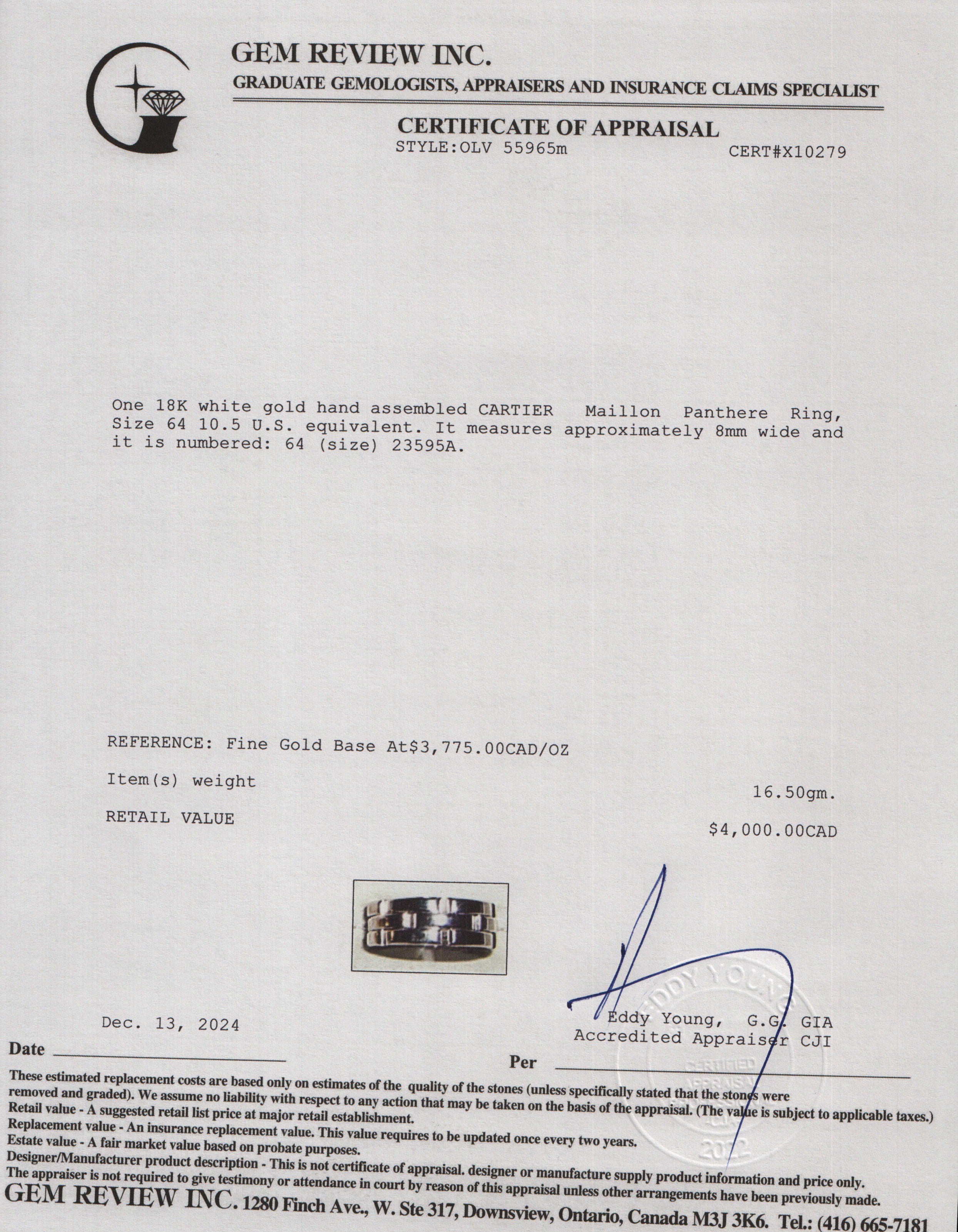 Cartier 18k White Gold Maillon Panthere Ring, Size 64 10.5