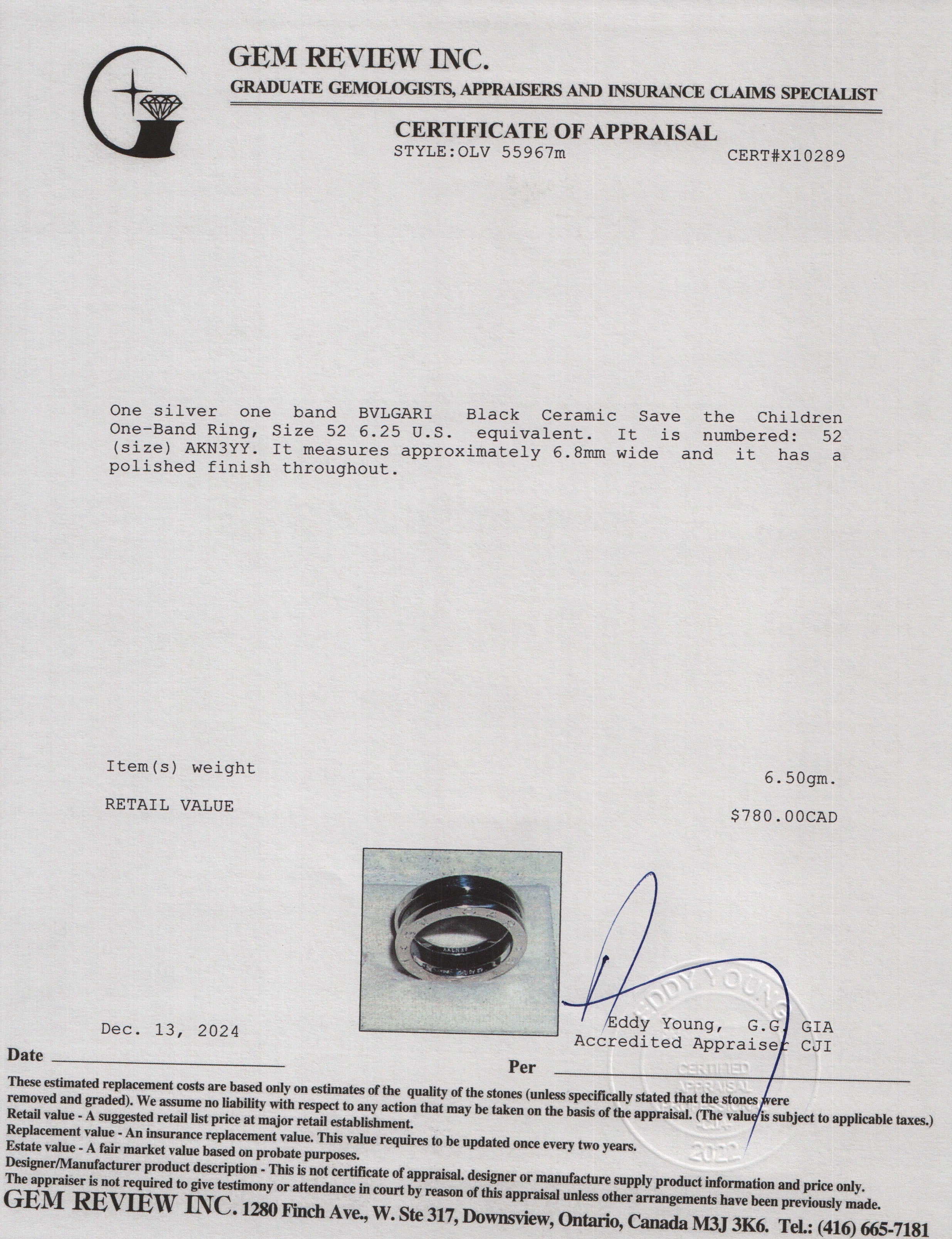 BVLGARI Sterling Silver Black Ceramic Save the Children One-Band Ring, Size 52 6.25