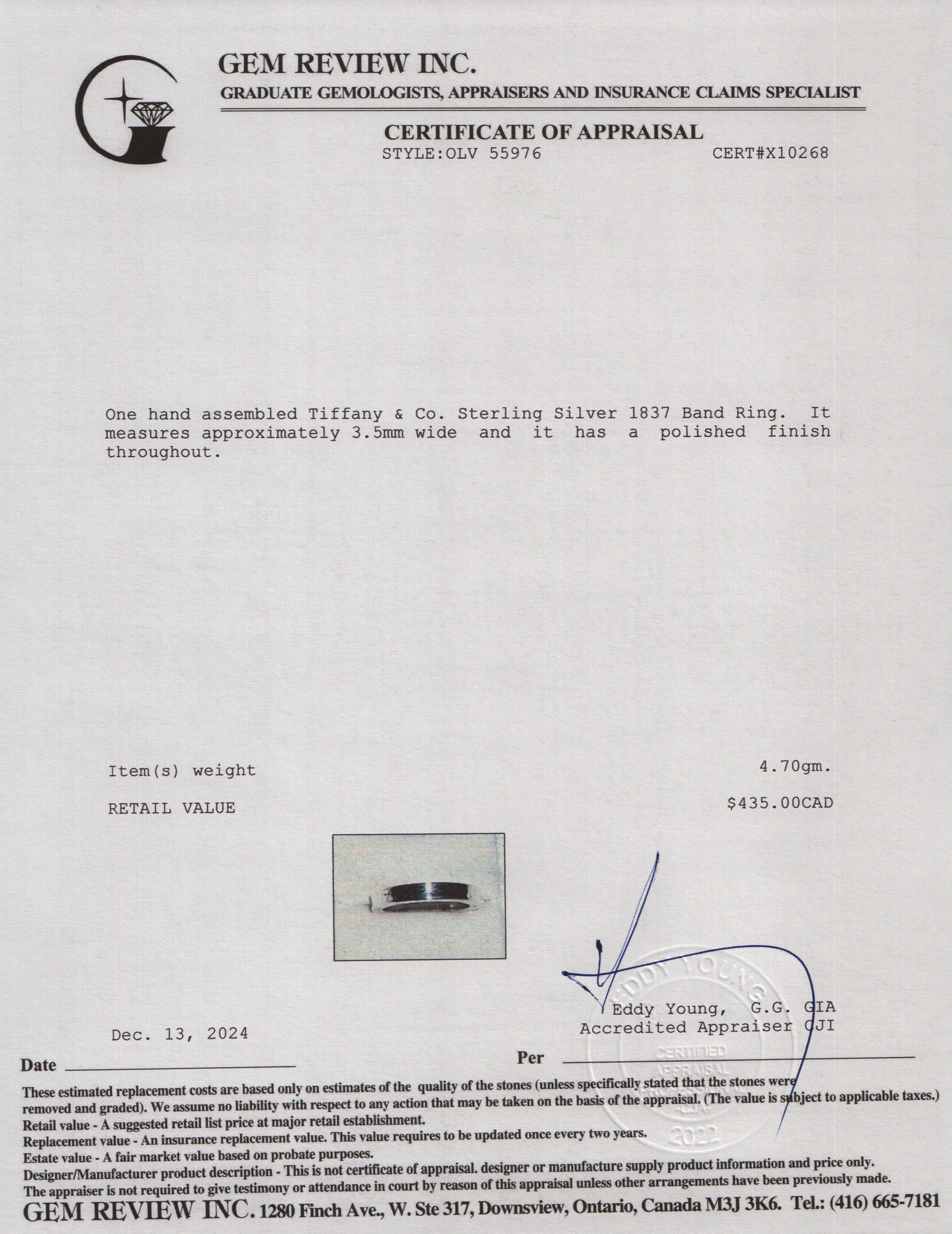 Tiffany & Co. Sterling Silver 1837 Band Ring, Size 6.5