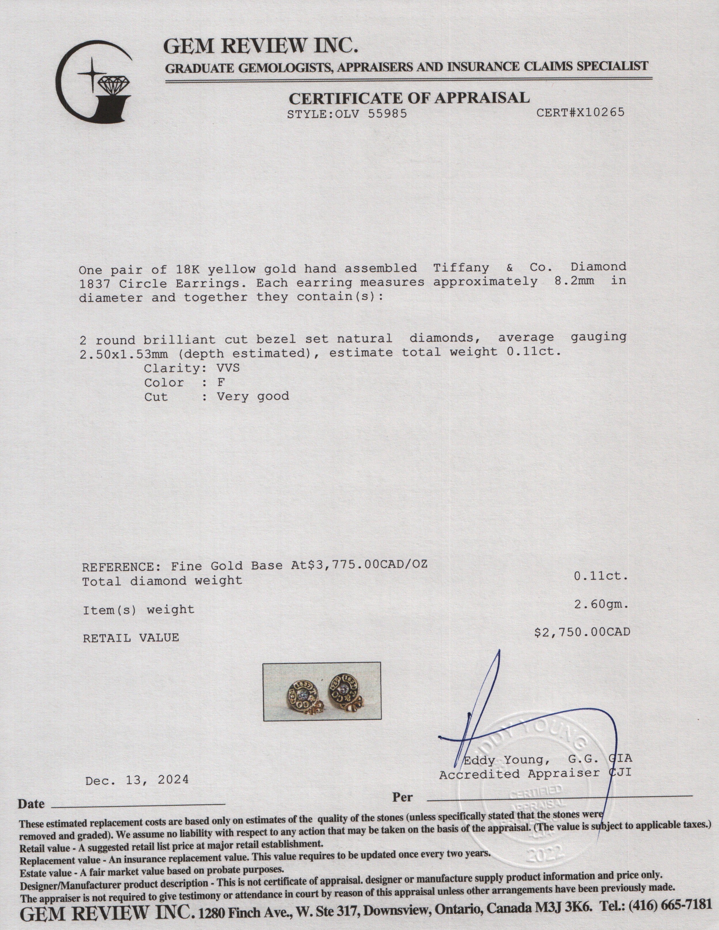 Tiffany & Co. 18k Yellow Gold Diamond 1837 Circle Earrings w/ Box