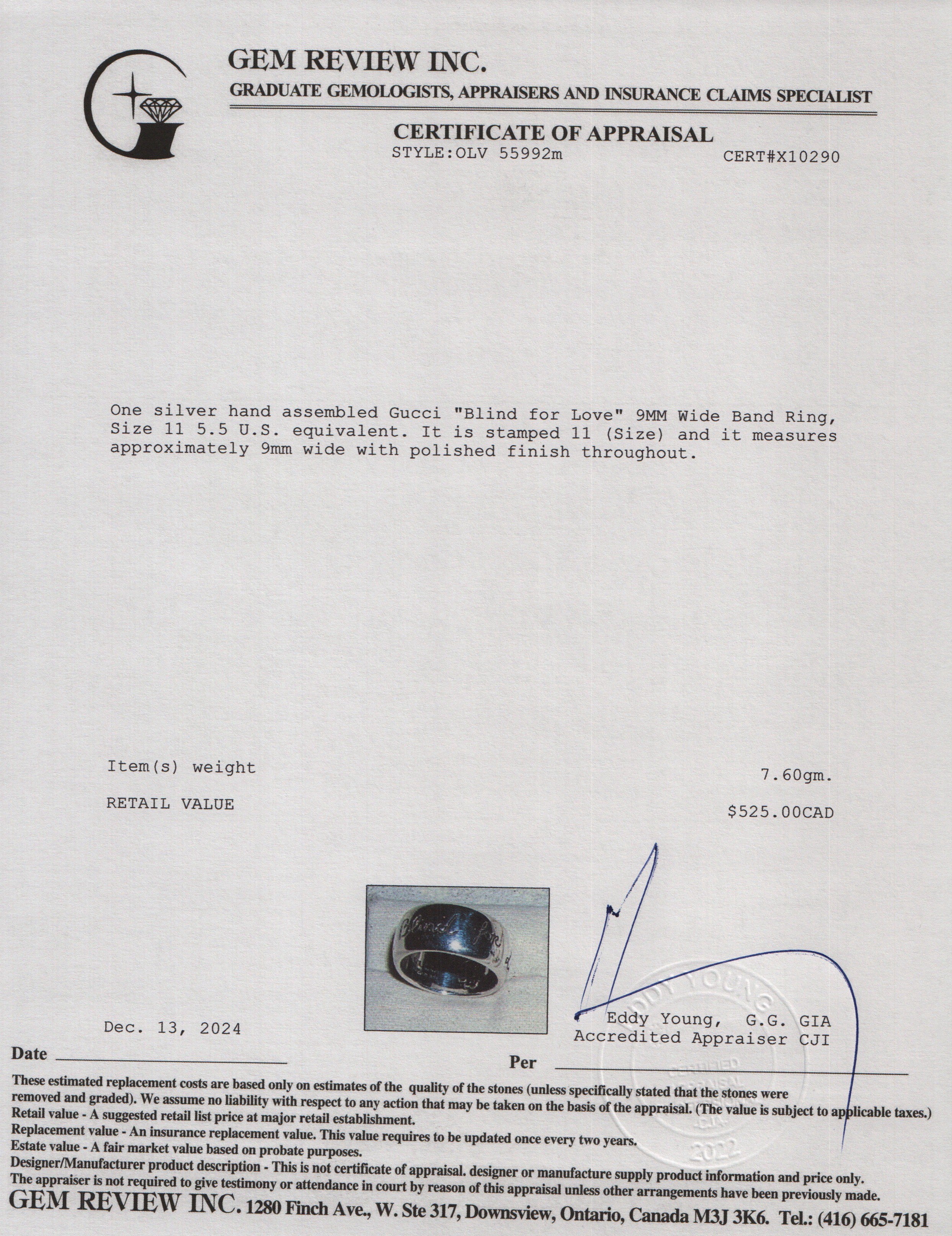 Gucci "Blind for Love" 9MM Wide Band Ring, Size 11 5.5