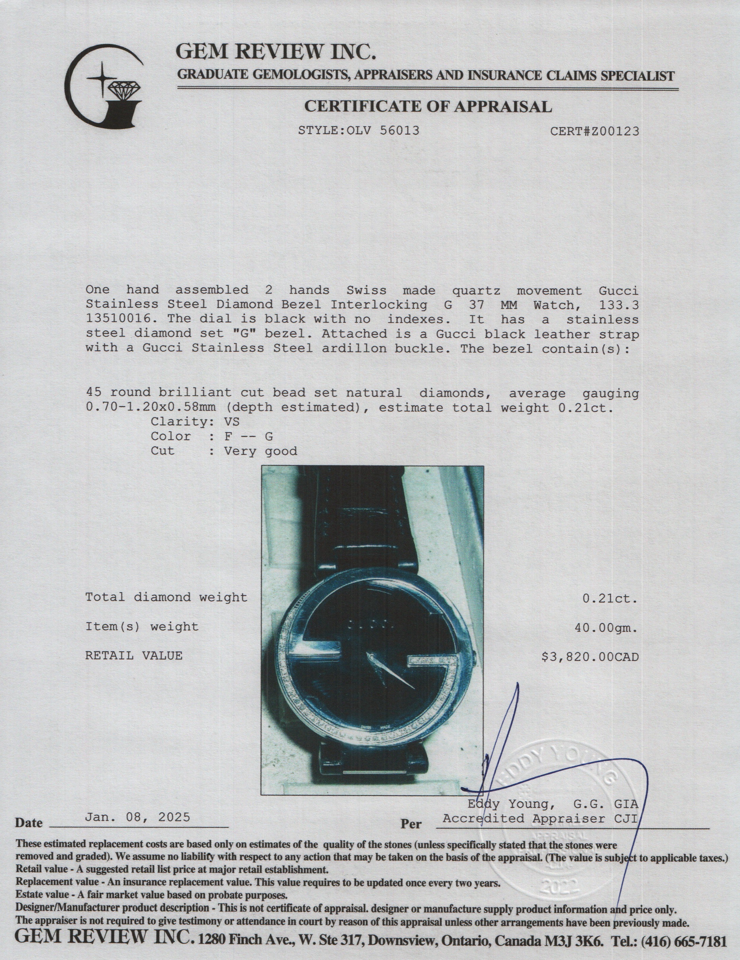 Gucci Stainless Steel Diamond Bezel Interlocking G 37 MM Watch