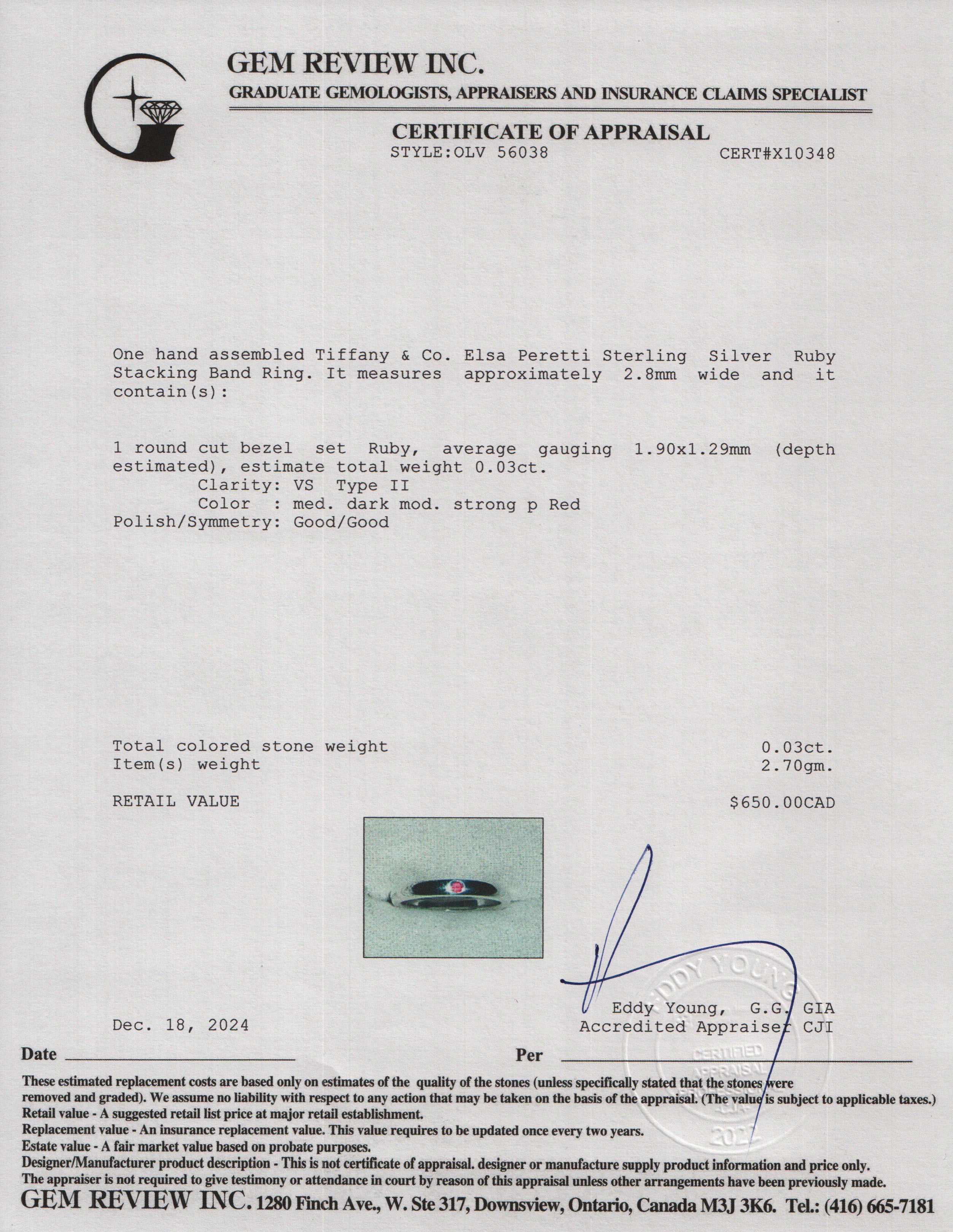 Tiffany & Co. Elsa Peretti Sterling Silver Ruby Stacking Band Ring, Size 6