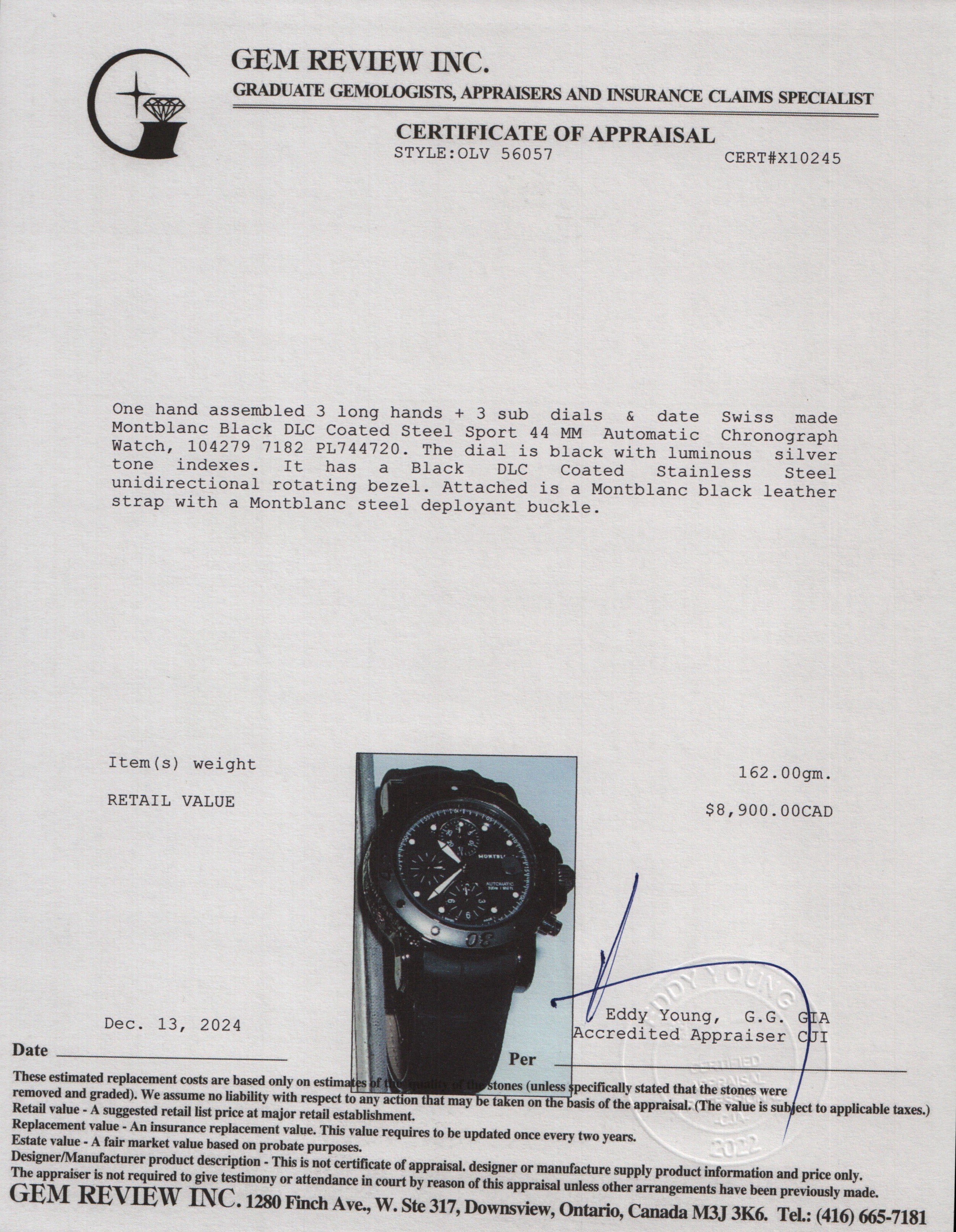 Montblanc Black DLC Coated Stainless Steel Sport 44 MM Automatic Chronograph Watch, w/ Box & Receipt