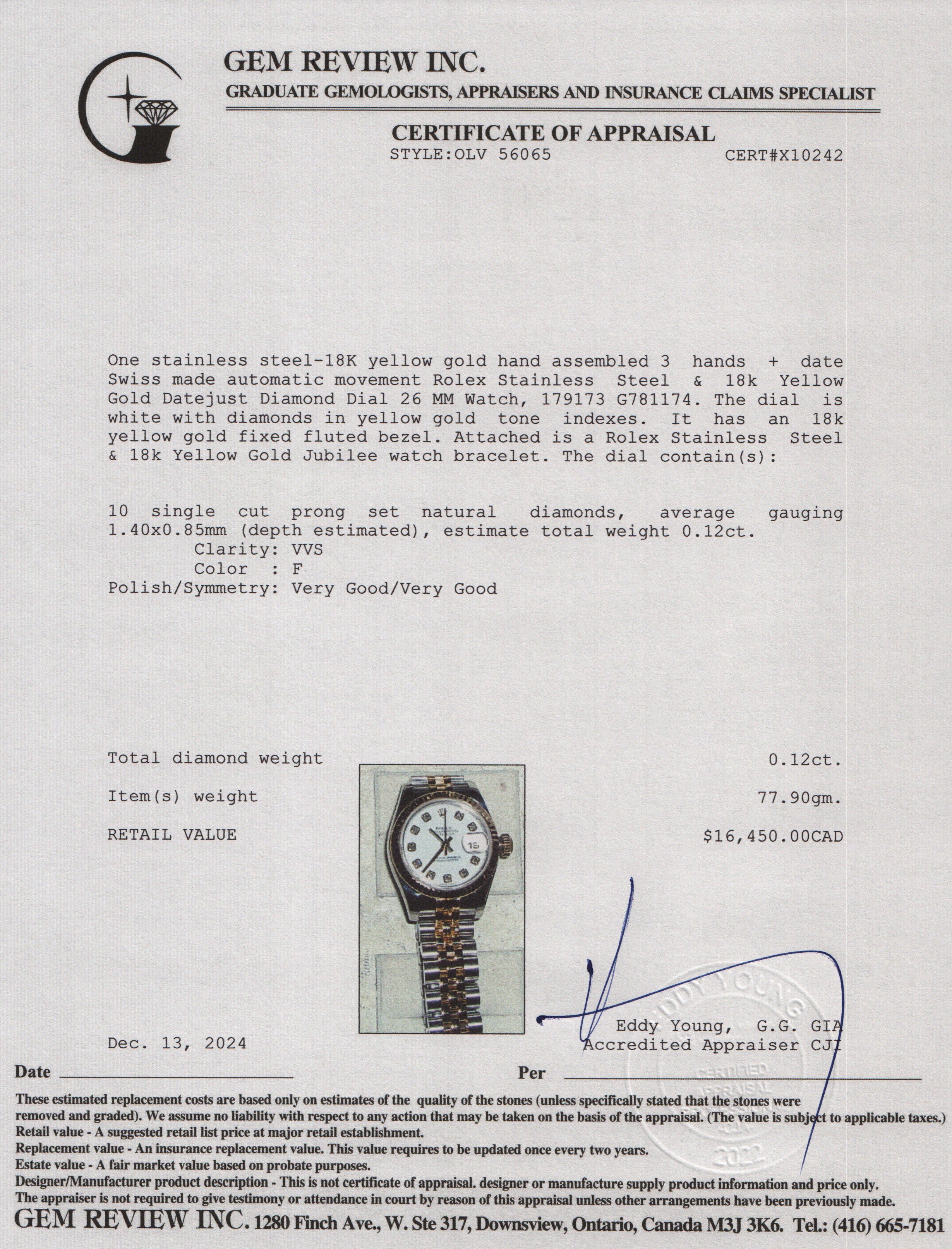 Rolex Stainless Steel & 18k Yellow Gold Datejust Diamond Dial 26 MM Watch 179173 w/ Box & Papers