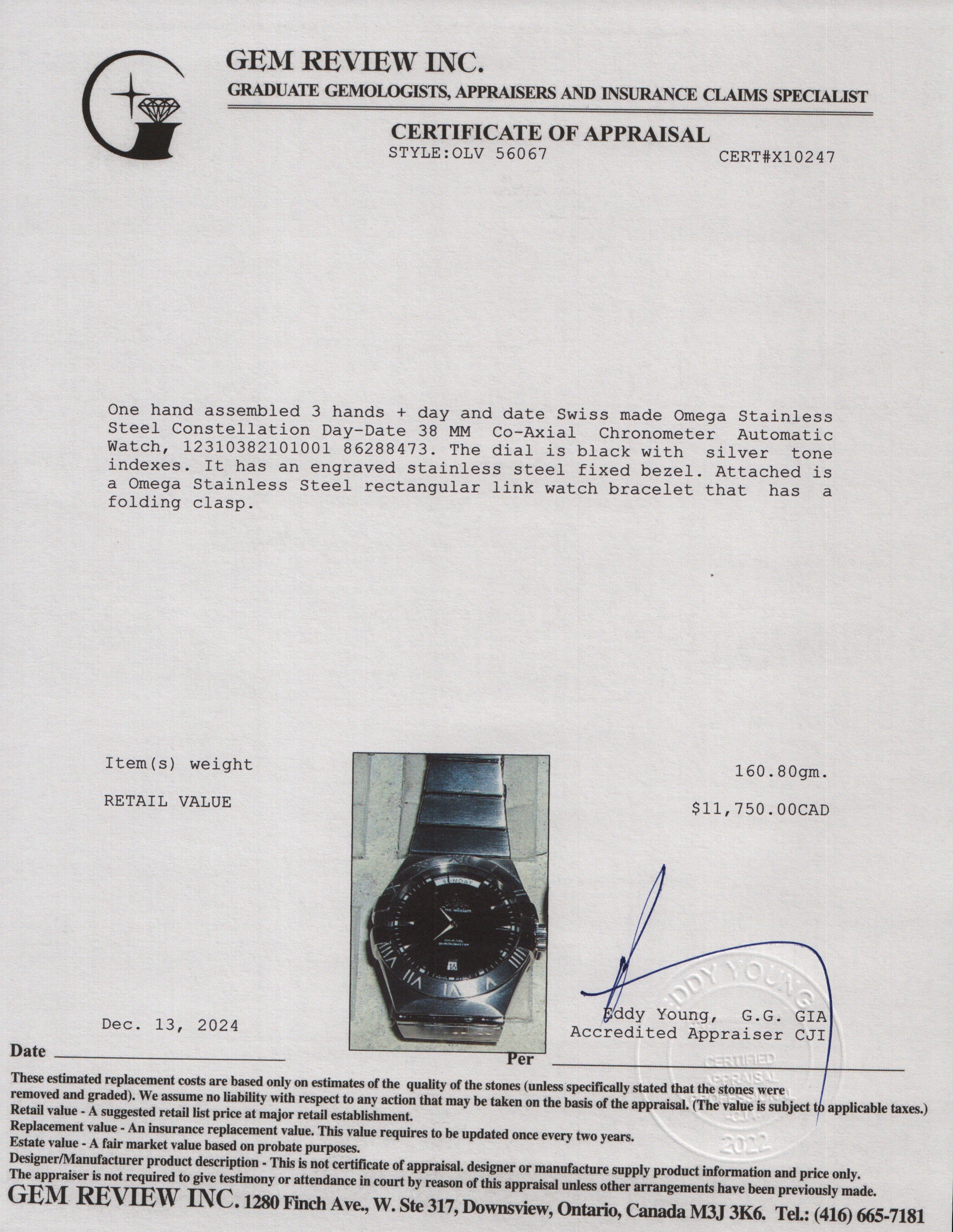 Omega Stainless Steel Constellation Day-Date 38 MM Co-Axial Chronometer Automatic Watch Black Dial w/ Box & Papers