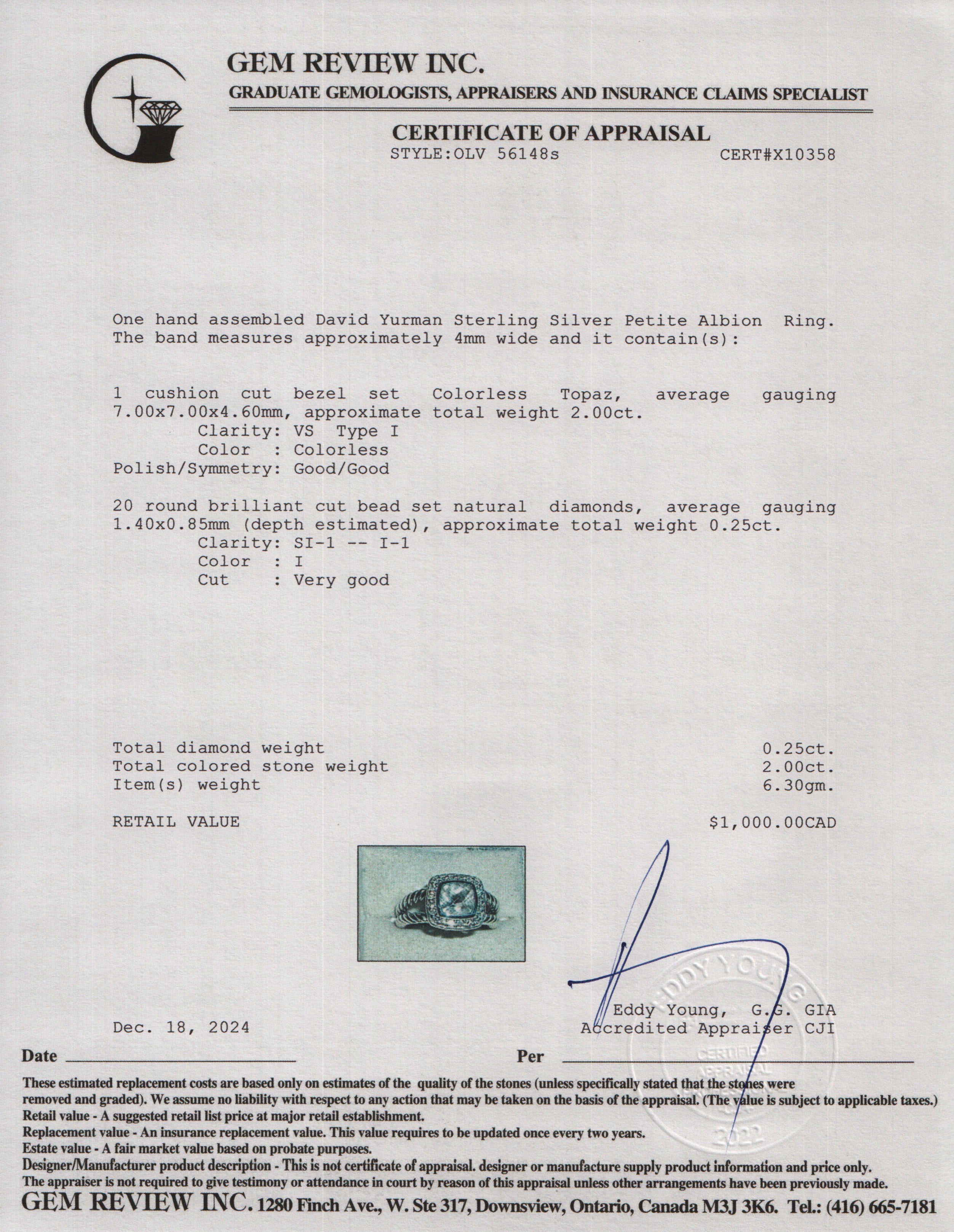 David Yurman Sterling Silver Petite Albion Ring with Topaz & Diamonds, Size 5.5