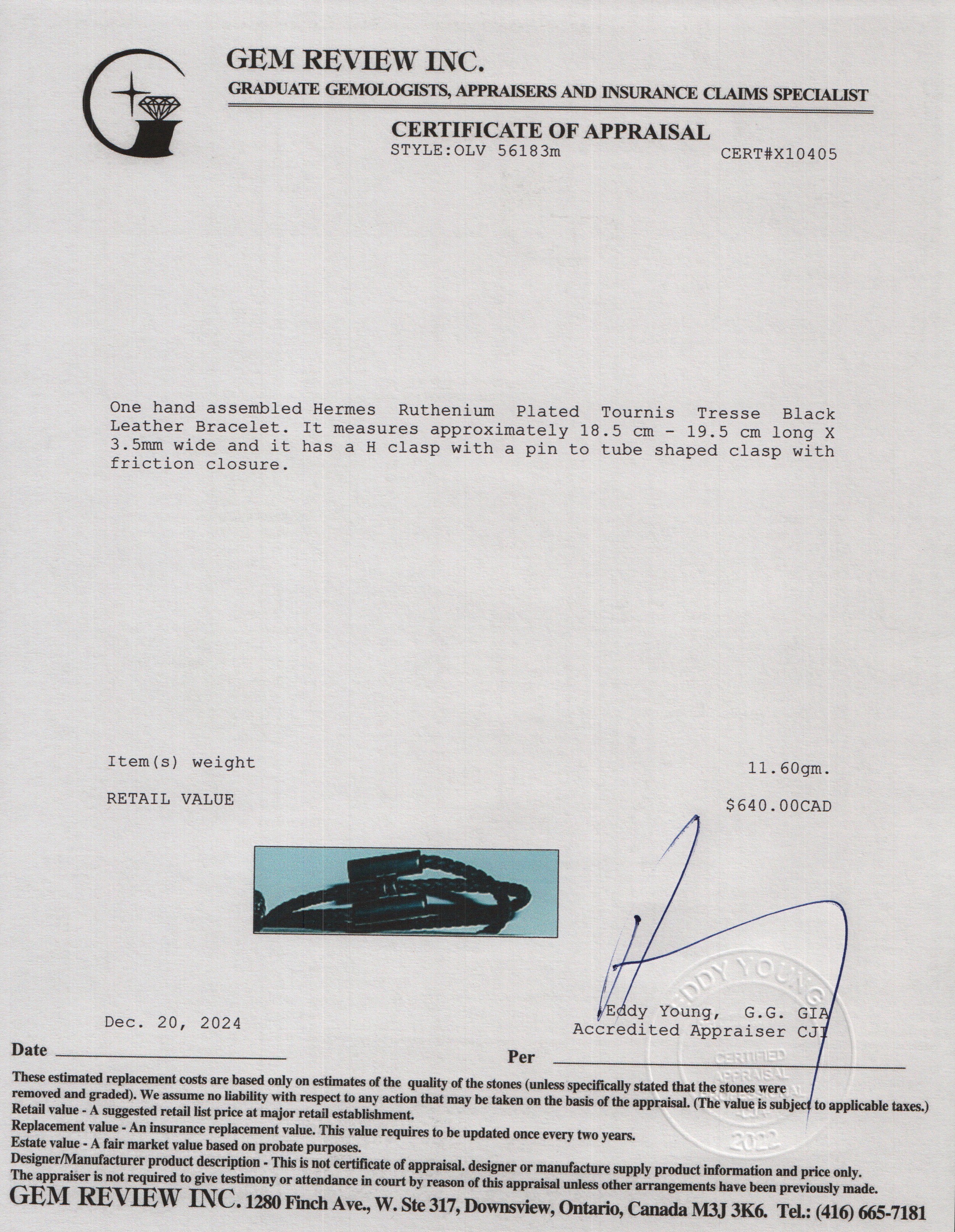 Hermes Ruthenium Plated Tournis Tresse Black Leather Bracelet w/ Box