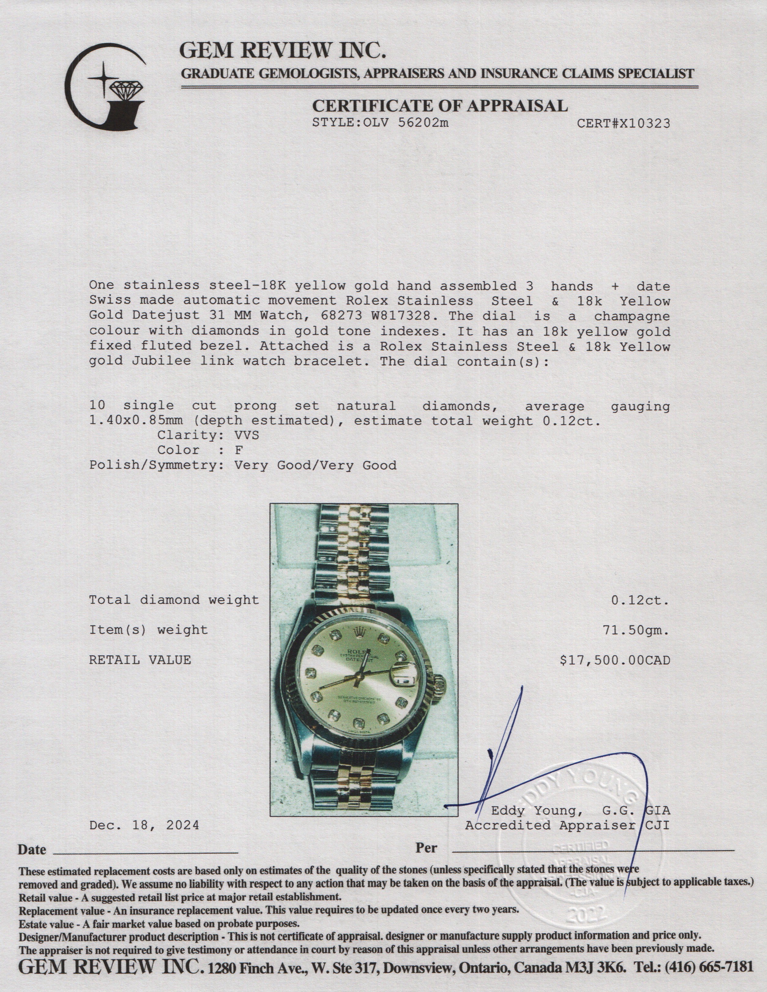 Rolex Stainless Steel & 18k Yellow Gold Diamond Dial Datejust 31 MM Watch 68273 w/ Box