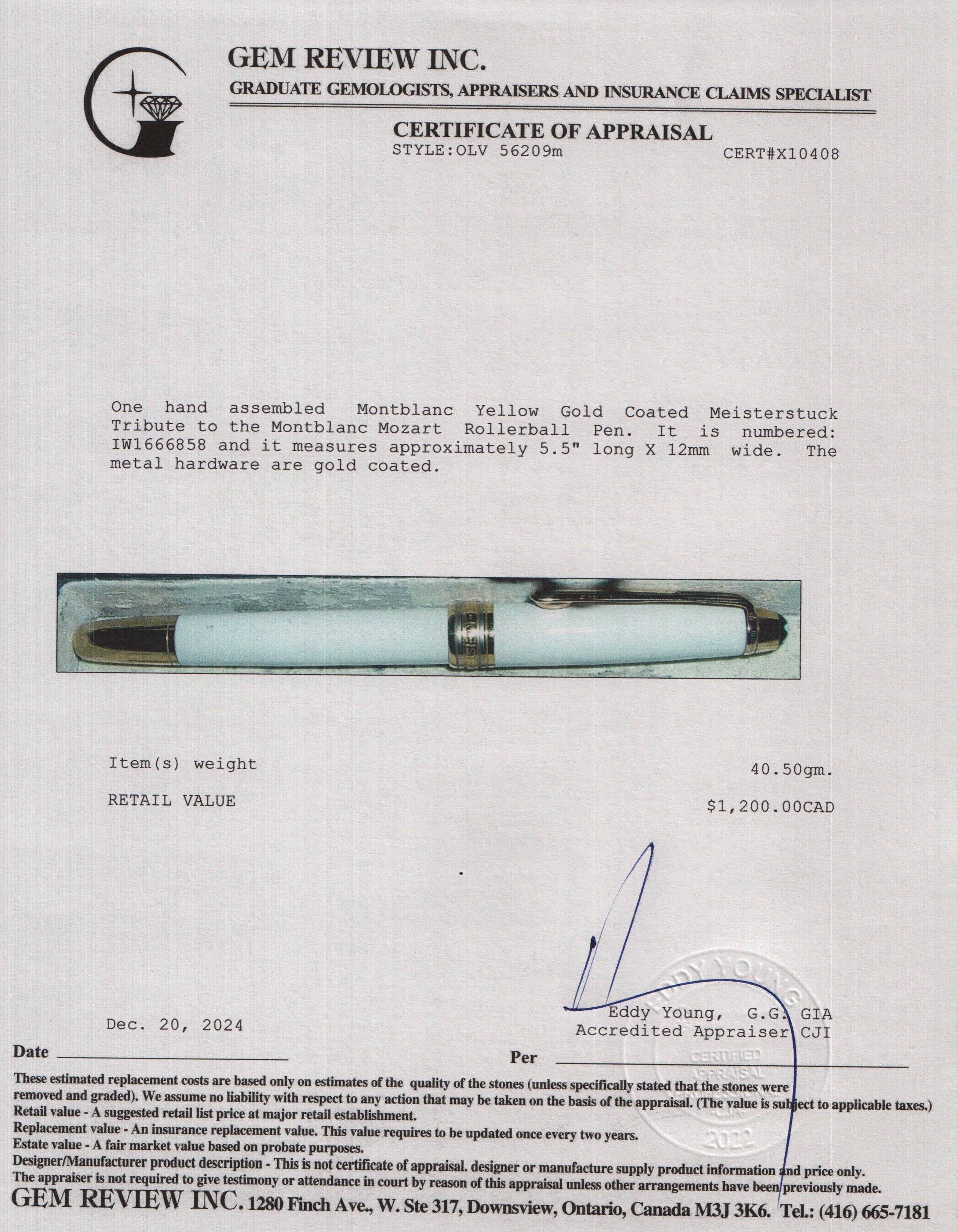 Montblanc Yellow Gold Coated Meisterstuck Tribute to the Montblanc Mozart Rollerball Pen