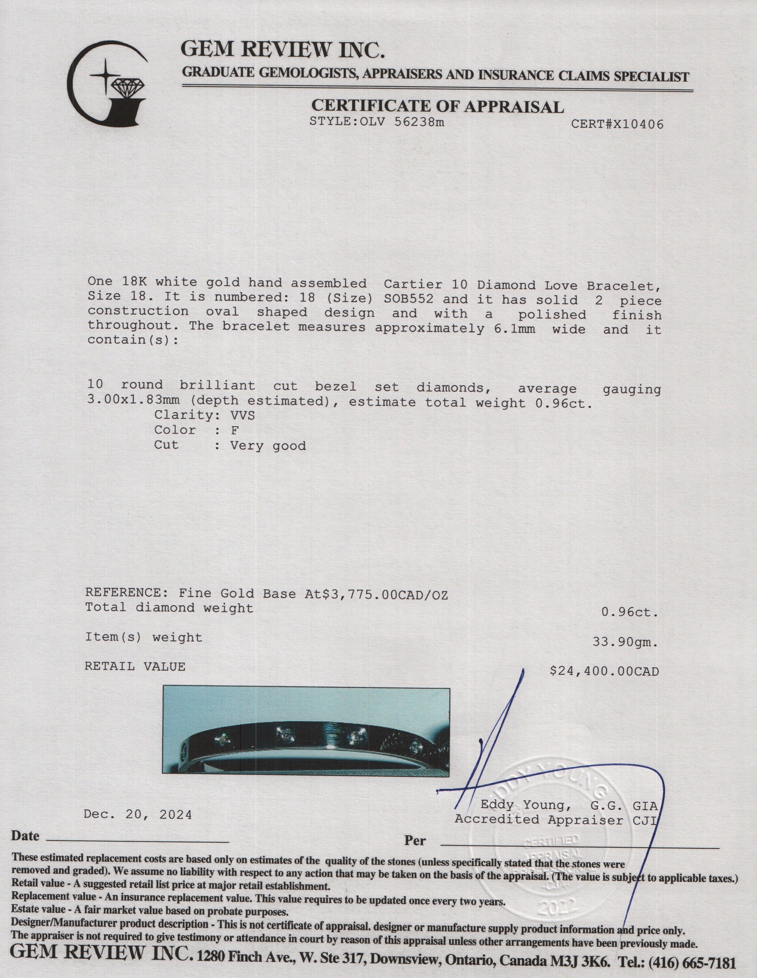 Cartier 2023 18k White Gold 10 Diamond Love Bracelet, Size 18 w/ Certificate