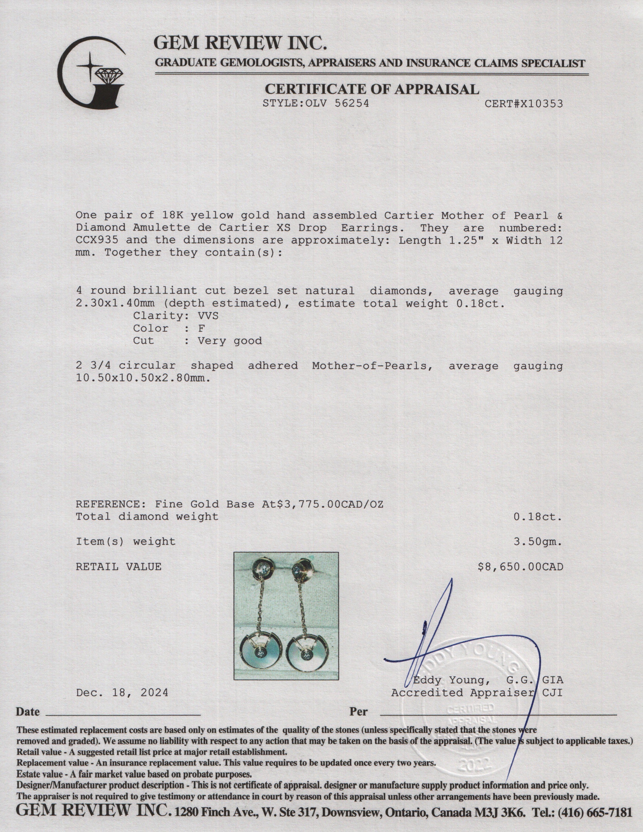 Cartier 18k Yellow Gold Mother of Pearl & Diamond Amulette de Cartier XS Drop Earrings w/ Certificate