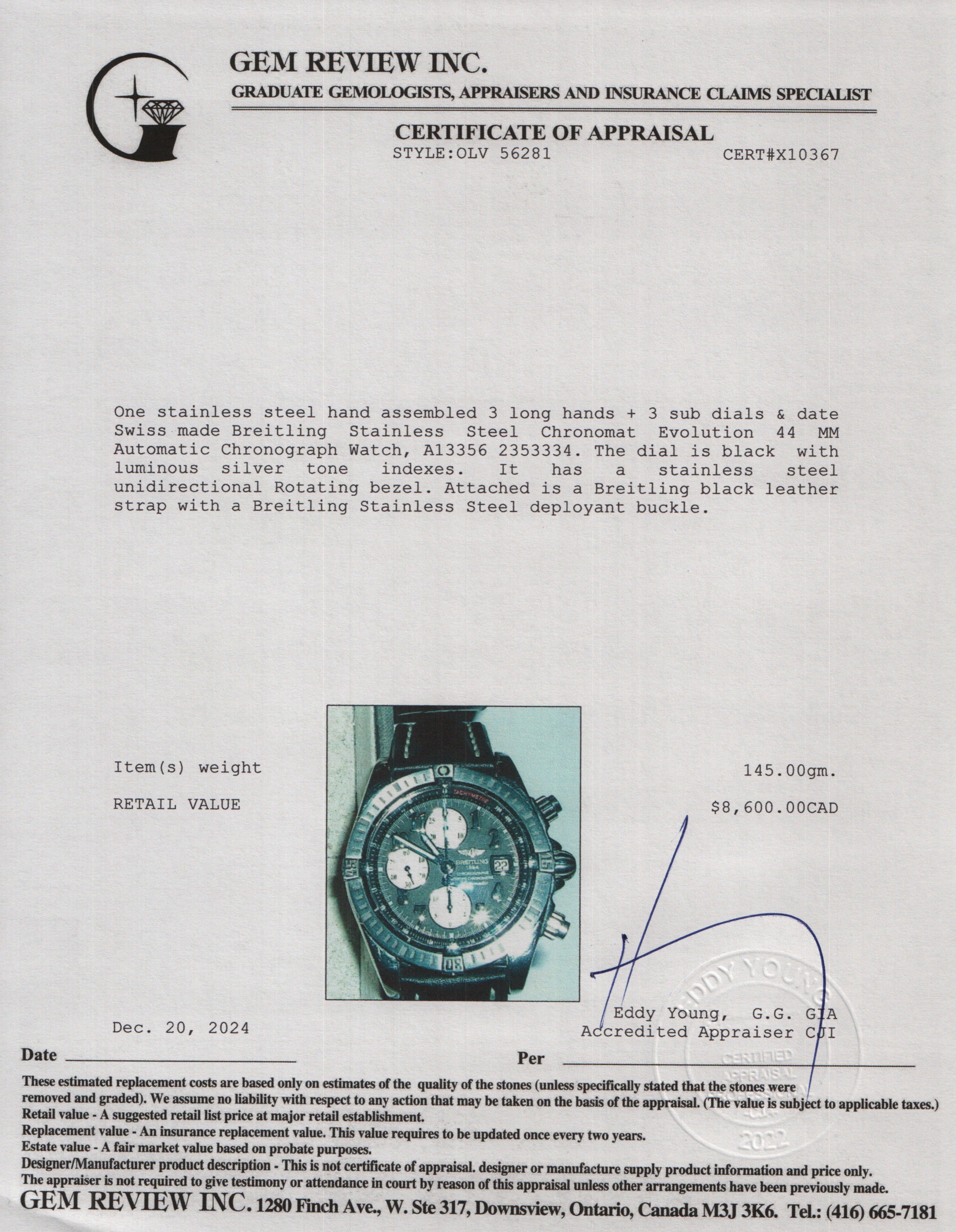 Breitling Stainless Steel Chronomat Evolution 44 MM Automatic Chronograph Watch A13356 w/ Box & Papers