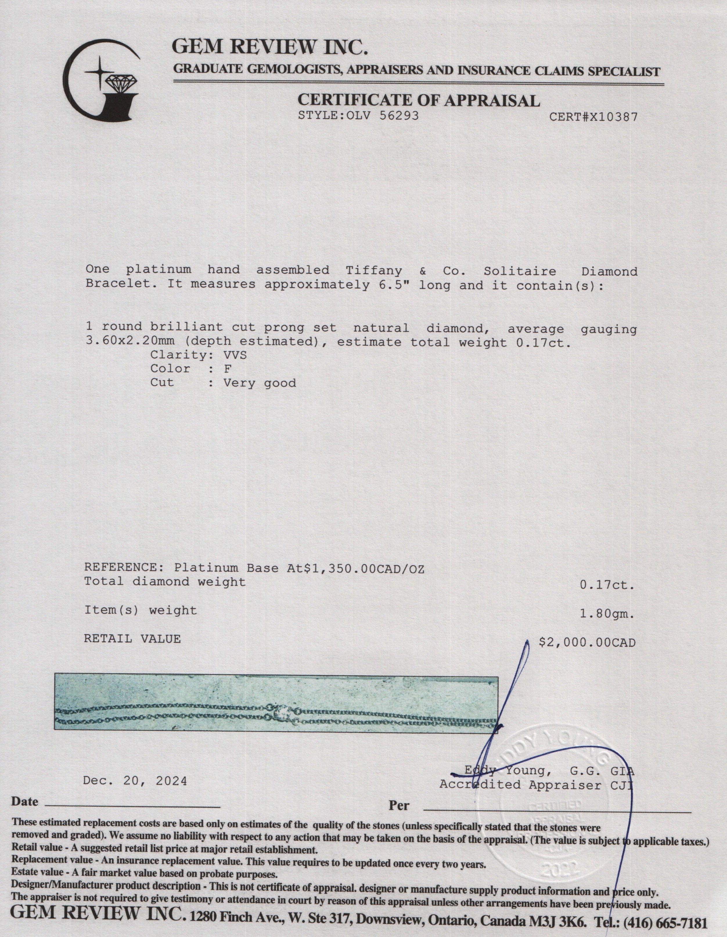 Tiffany & Co. Platinum Solitaire Diamond Bracelet w/ Box