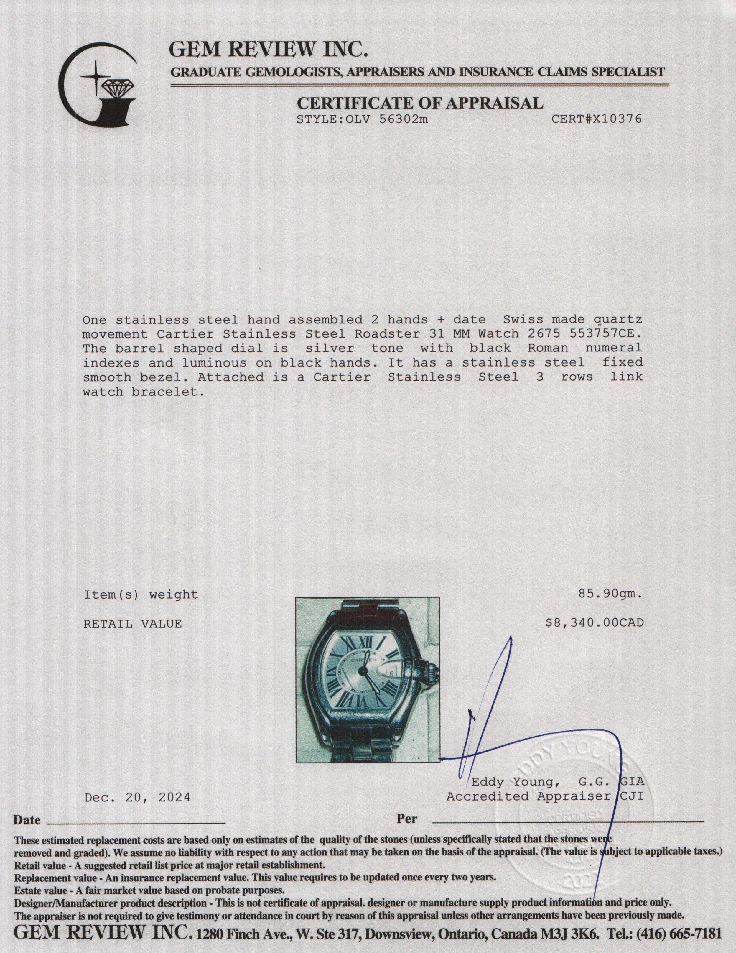 Cartier Stainless Steel Roadster 31 MM Watch 2675