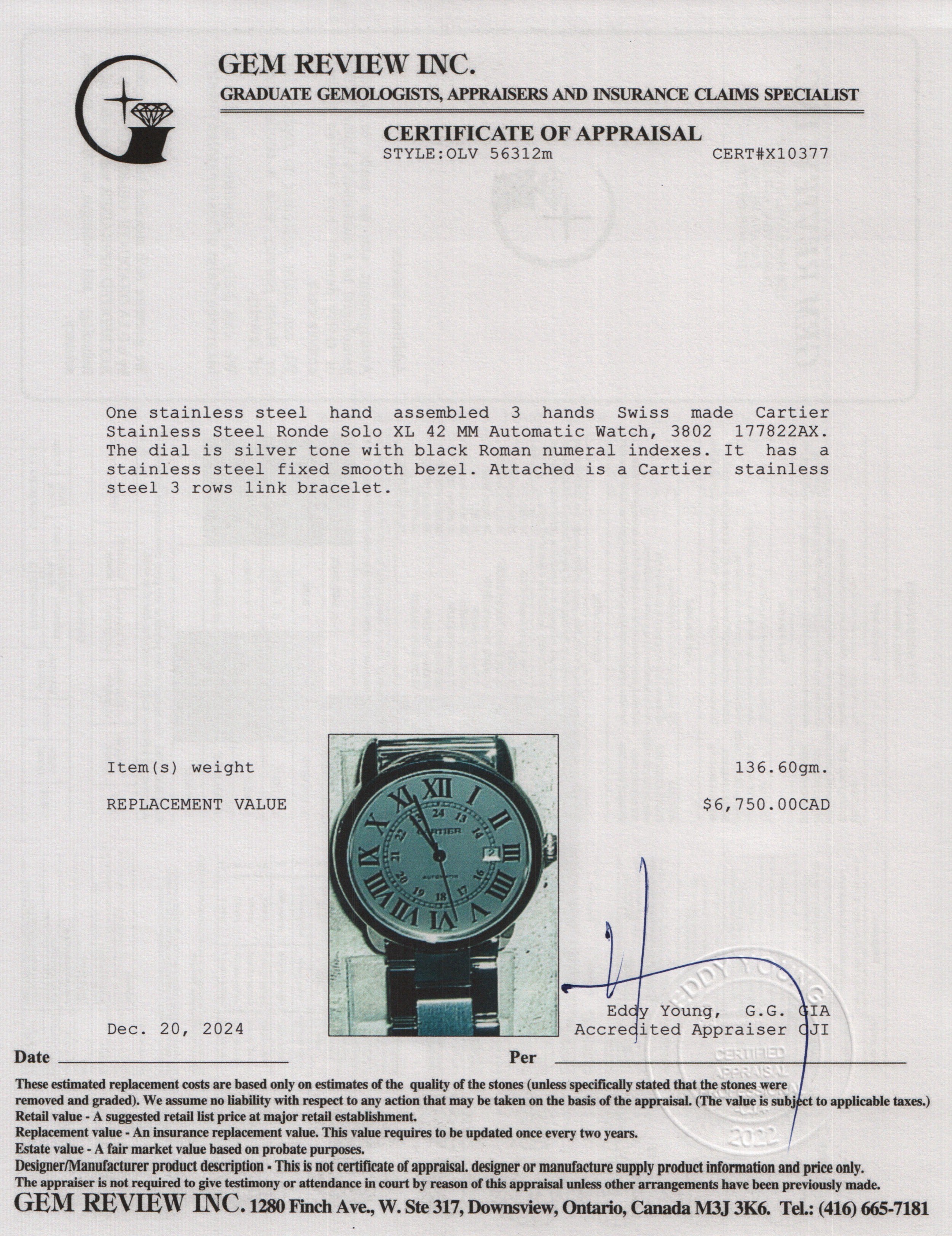 Cartier Stainless Steel Ronde Solo XL 42 MM Automatic Watch 3802 w/ Box & Papers