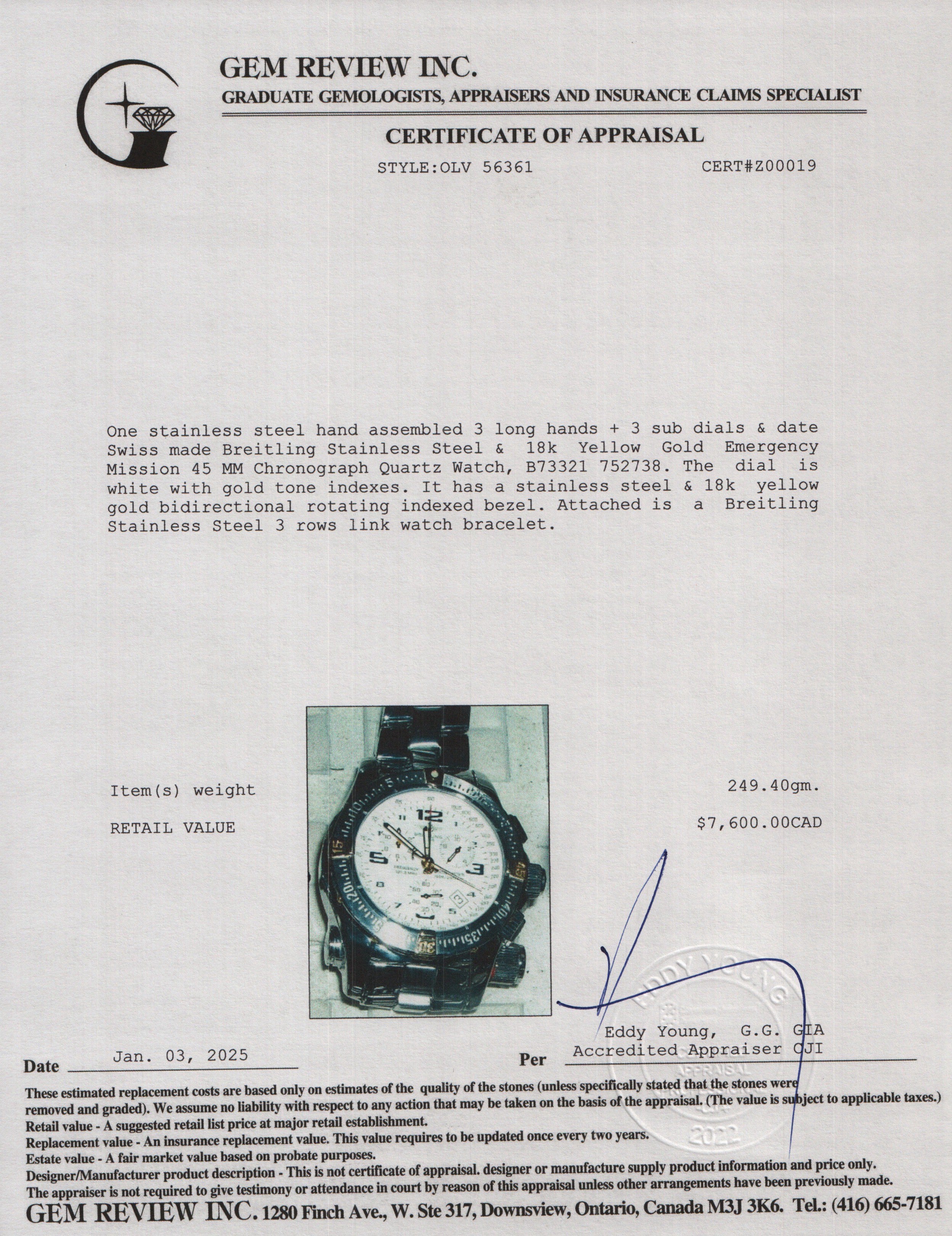 Breitling Stainless Steel & 18k Yellow Gold Emergency Mission 45 MM Chronograph Quartz Watch B73321 w/ Papers