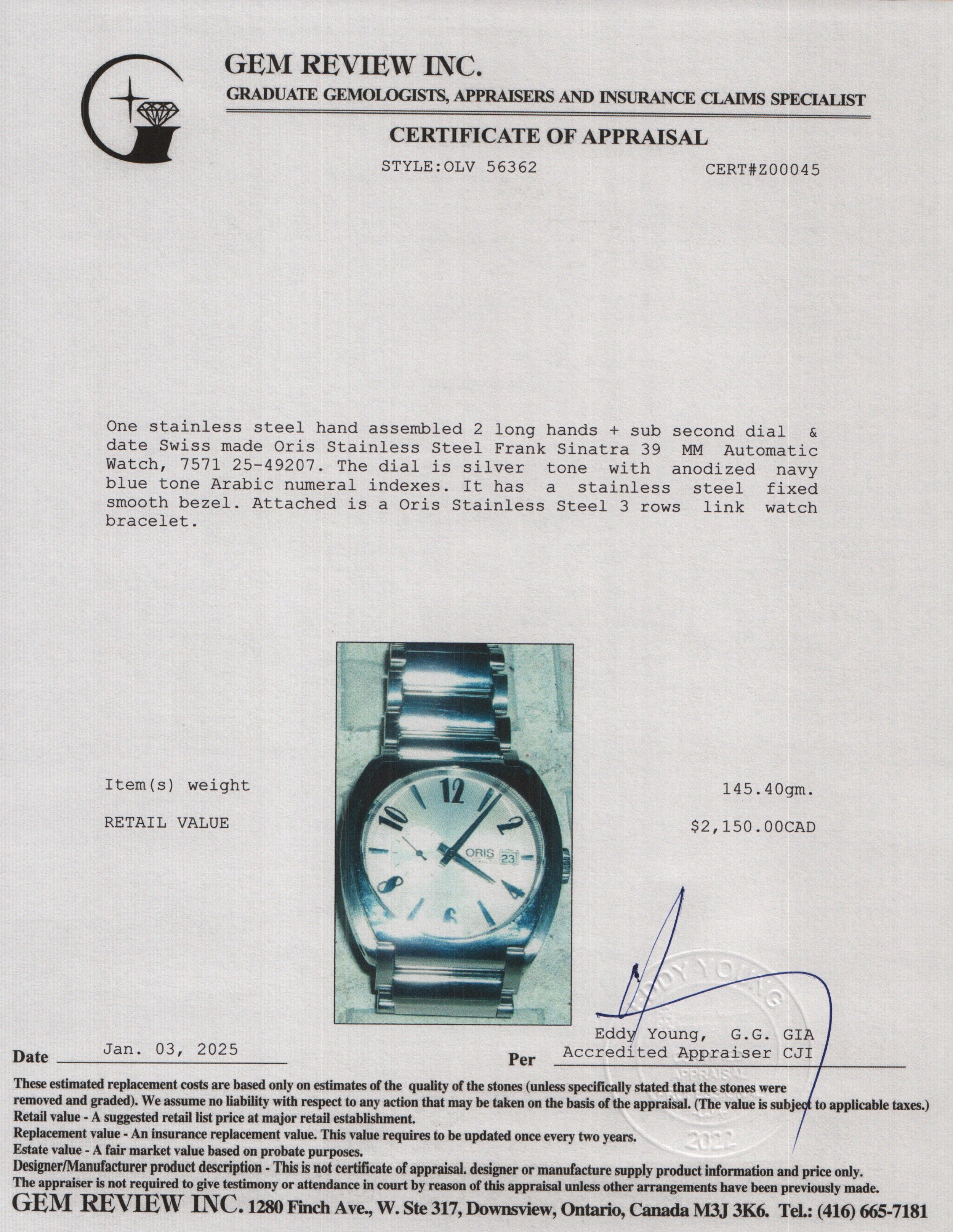 Oris Stainless Steel Frank Sinatra 39 MM Automatic Watch