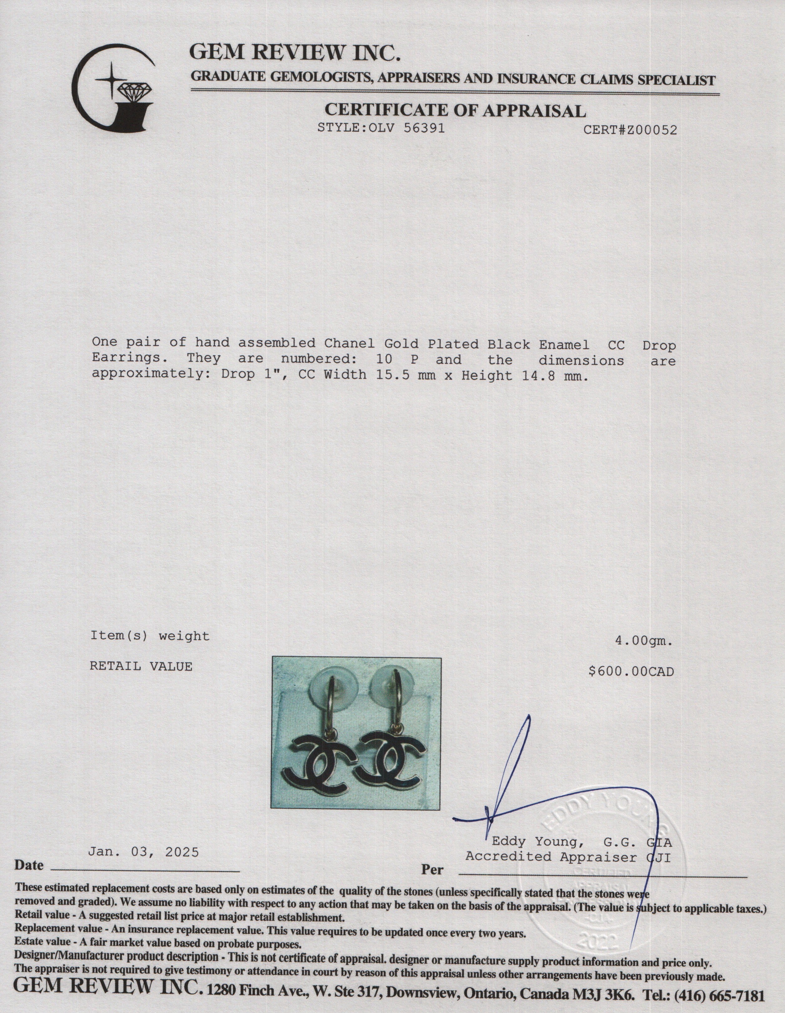 Chanel Gold Plated Black Enamel CC Drop Earrings