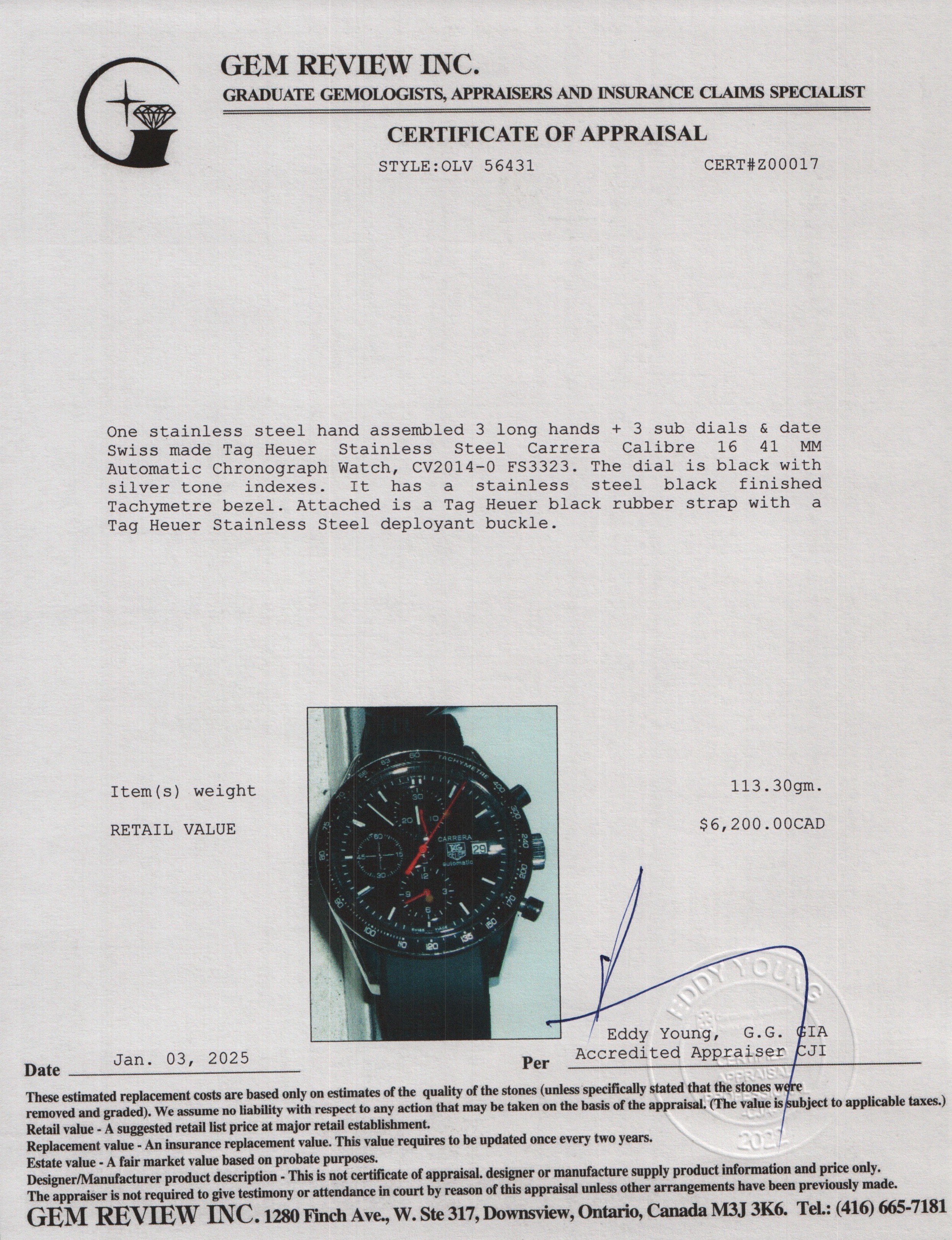 Tag Heuer Stainless Steel Carrera Calibre 16 41 MM Automatic Chronograph Watch CV2014-0 w/ Box & Papers