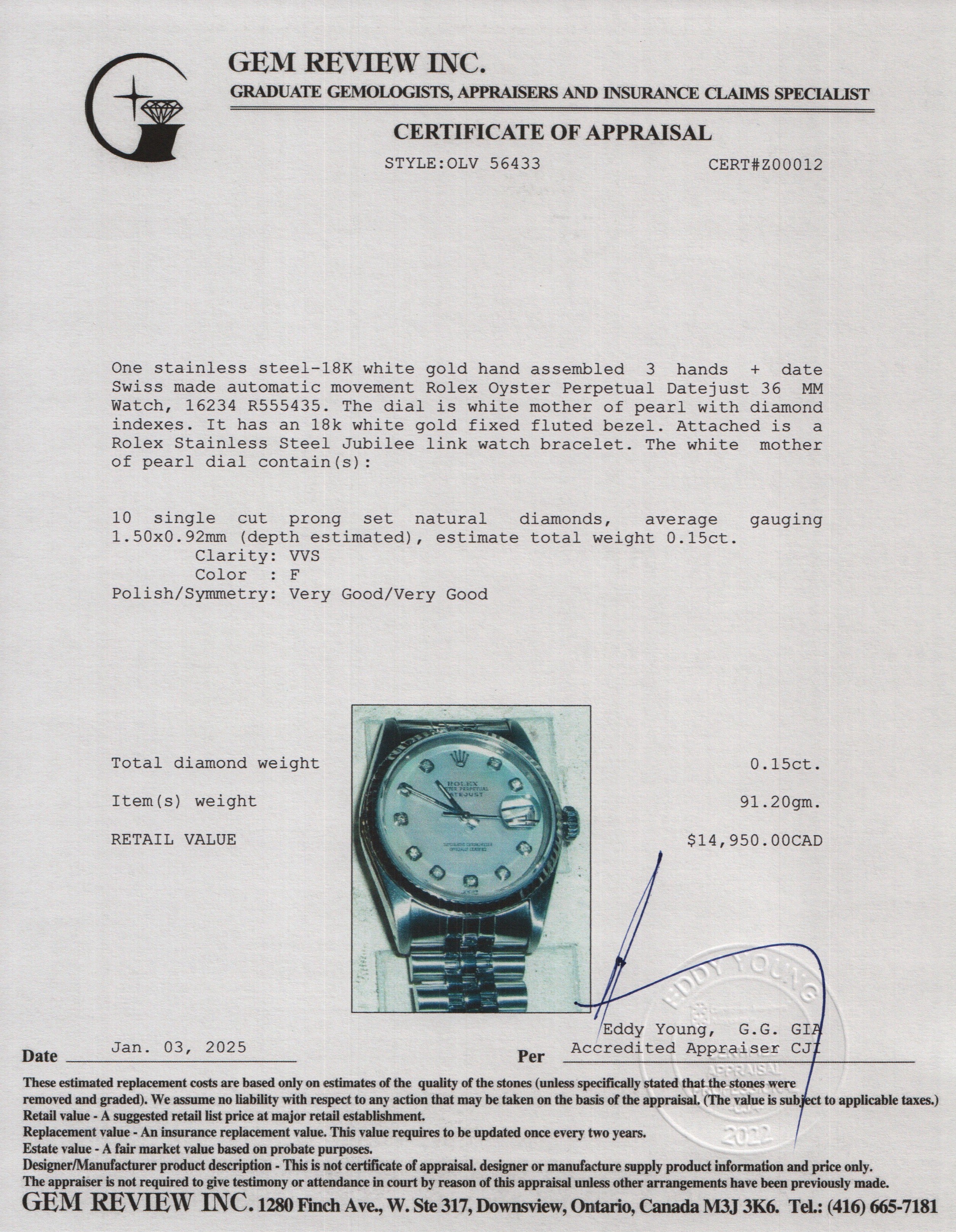 Rolex Stainless Steel Oyster Perpetual Datejust 36 MM Watch Mother of Pearl Diamond Dial 16234