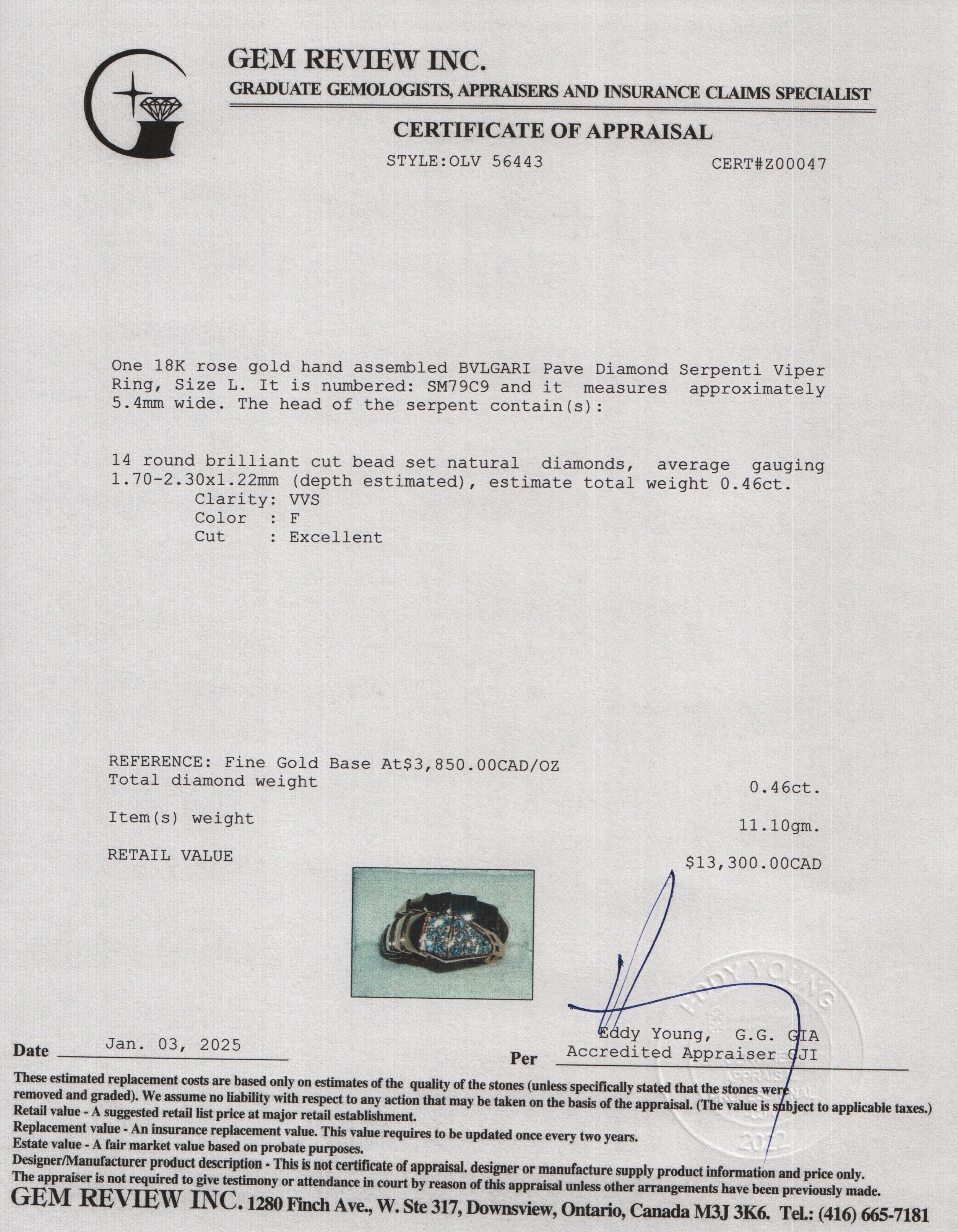 BVLGARI 18k Rose Gold Pave Diamond Serpenti Viper Ring, Size L w/ Box