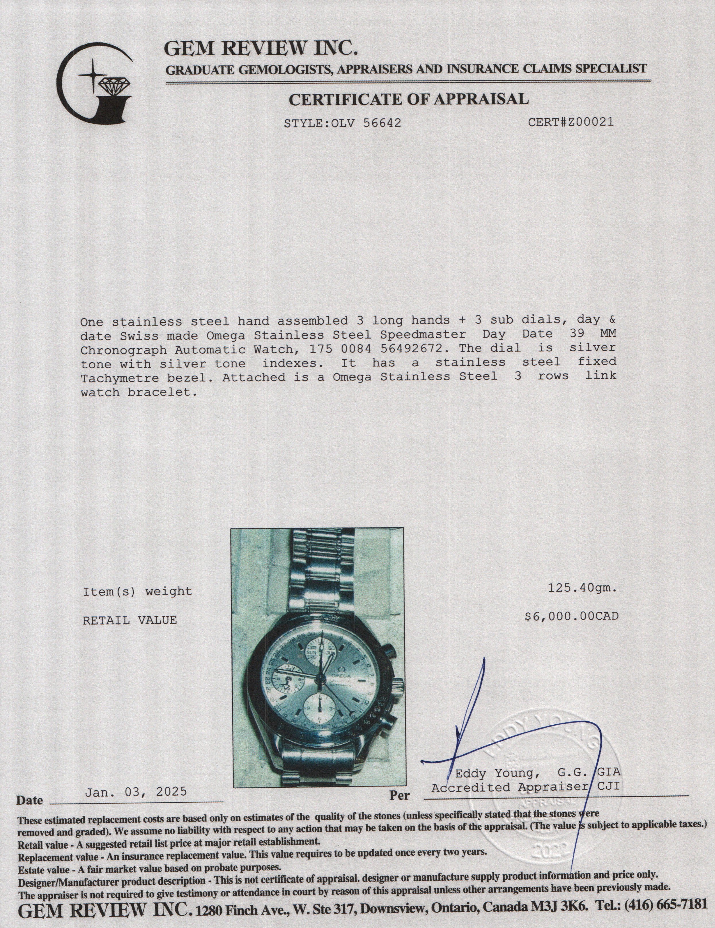 Omega Stainless Steel Speedmaster Day Date 39 MM Chronograph Automatic Watch