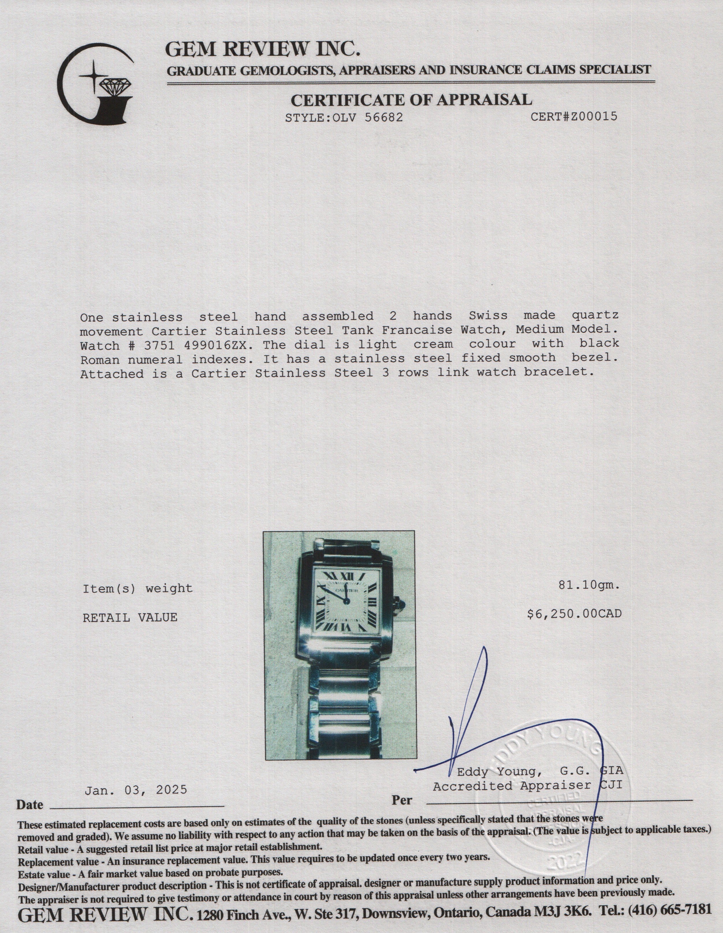 Cartier Stainless Steel Tank Francaise Watch, Medium Model 3751 w/ Box & Papers