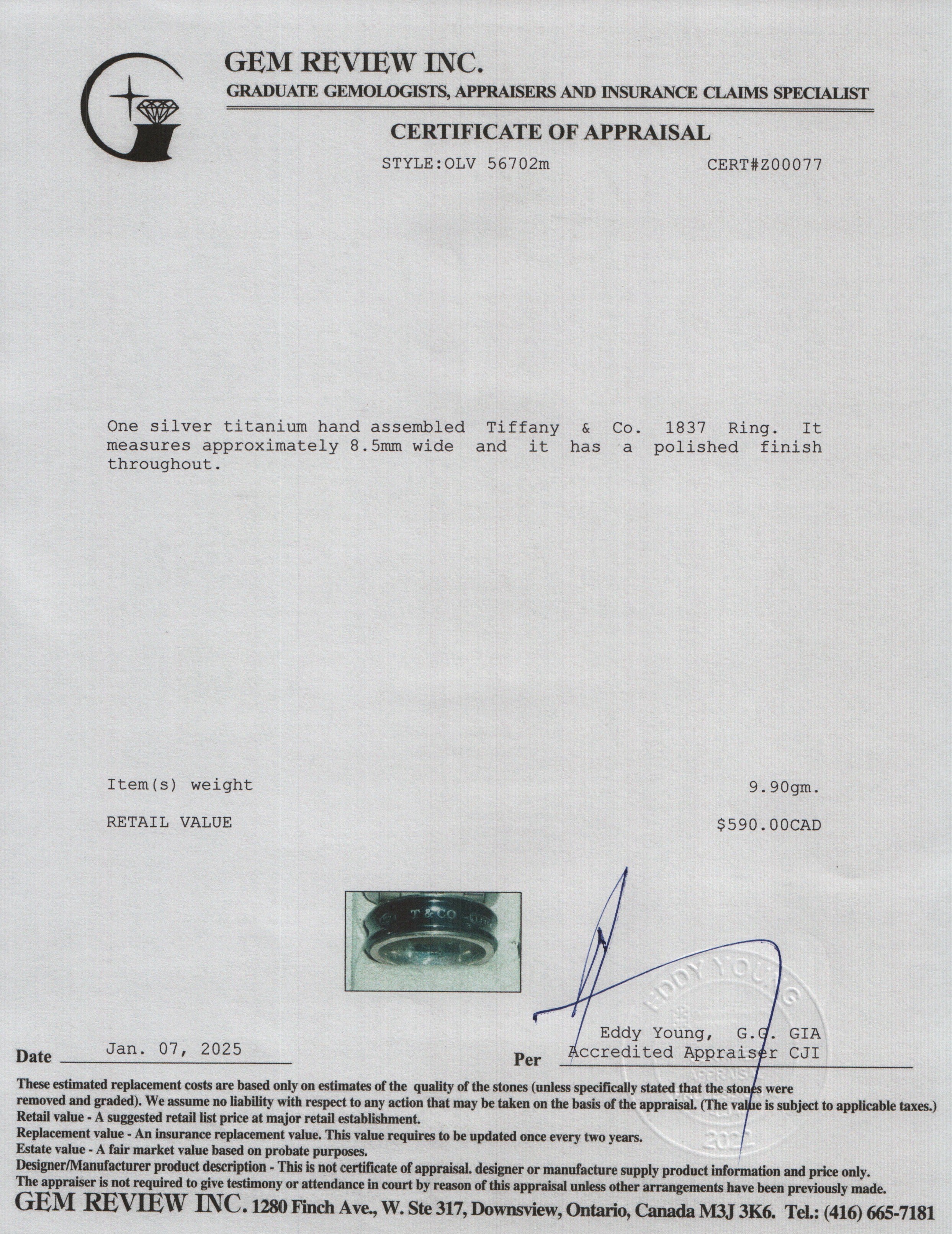 Tiffany & Co. Midnight Titanium & Sterling Silver 1837 Ring, Size 11.5