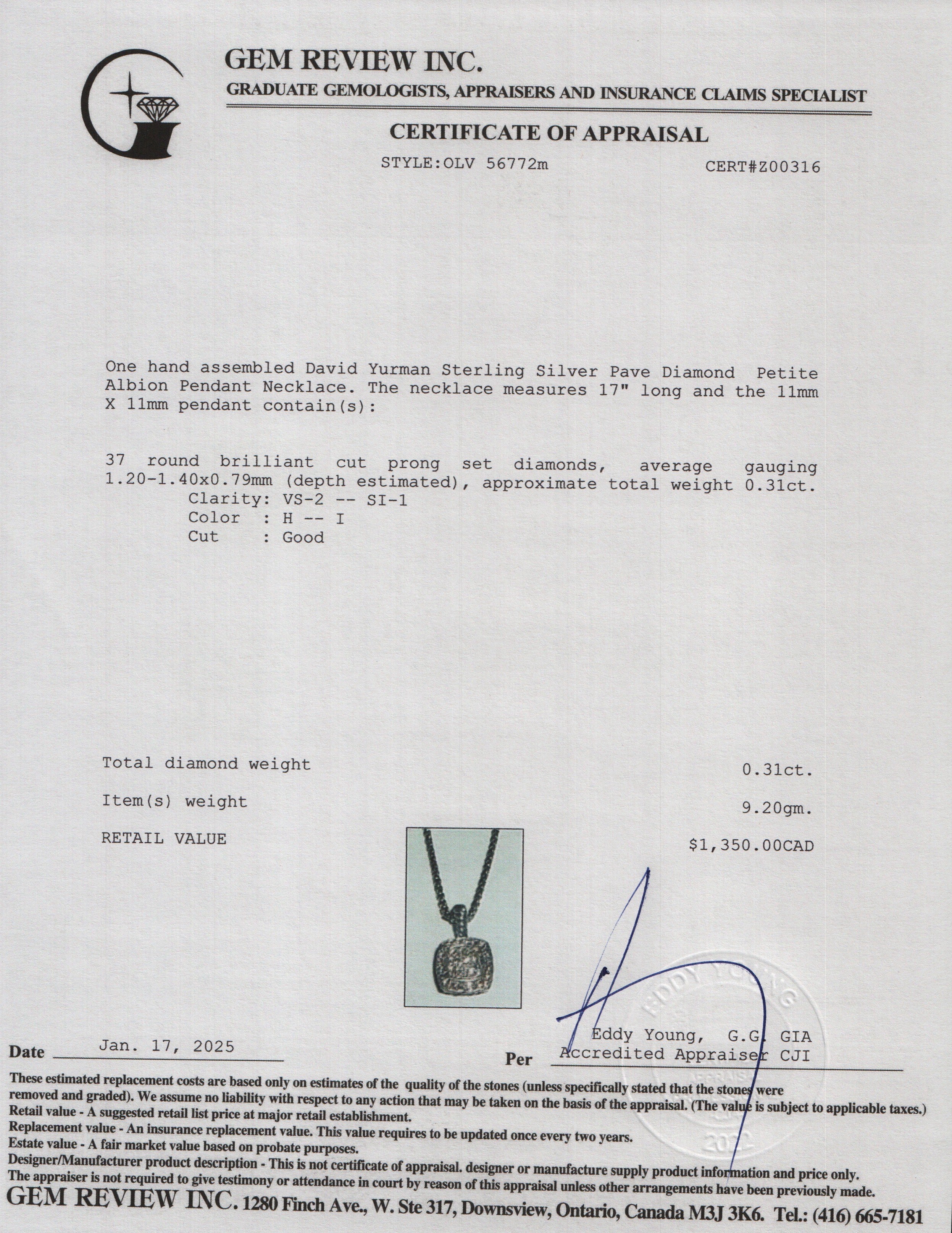 David Yurman Sterling Silver Pave Diamond Petite Albion Pendant Necklace