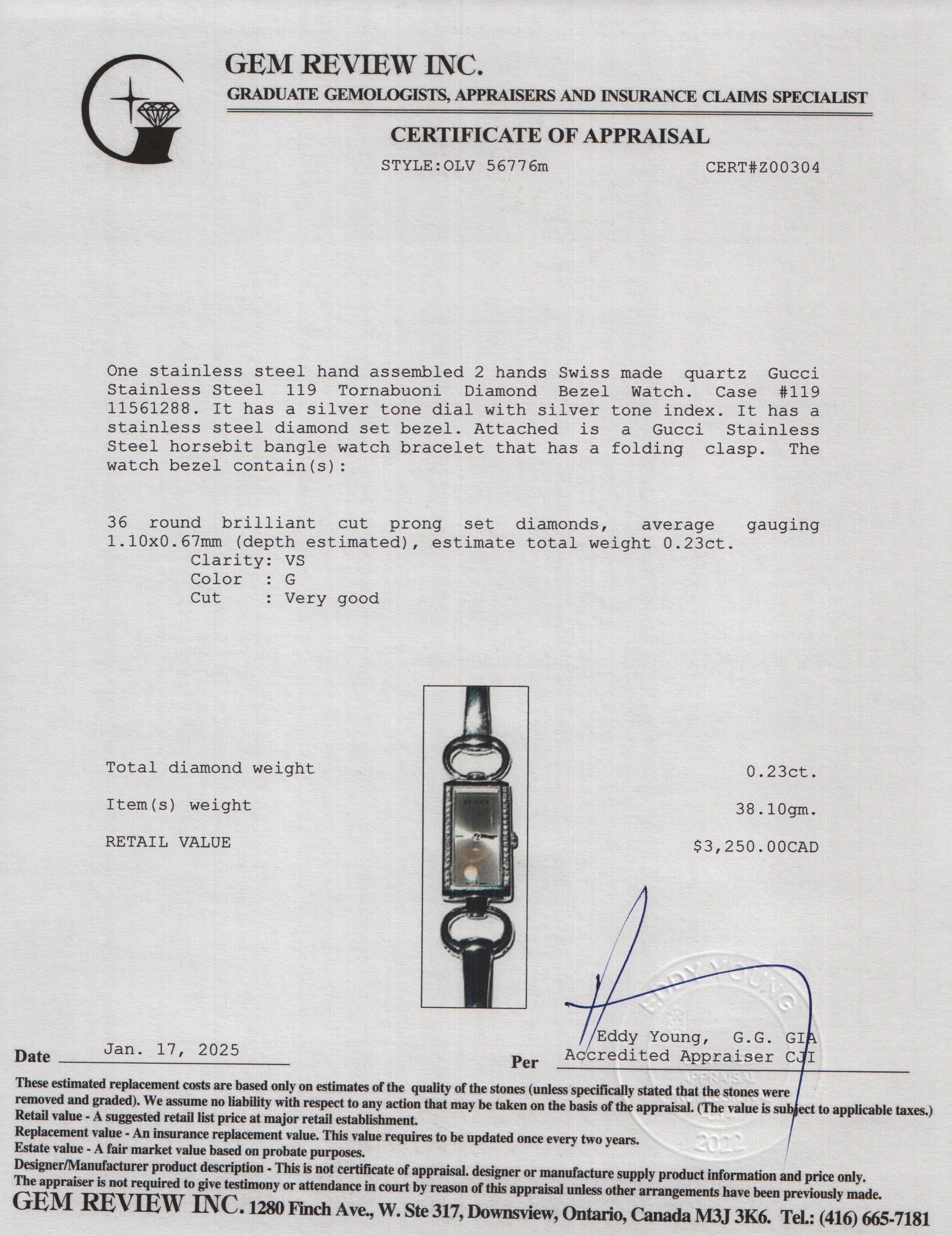 Gucci Stainless Steel 119 Tornabuoni Diamond Bezel Watch