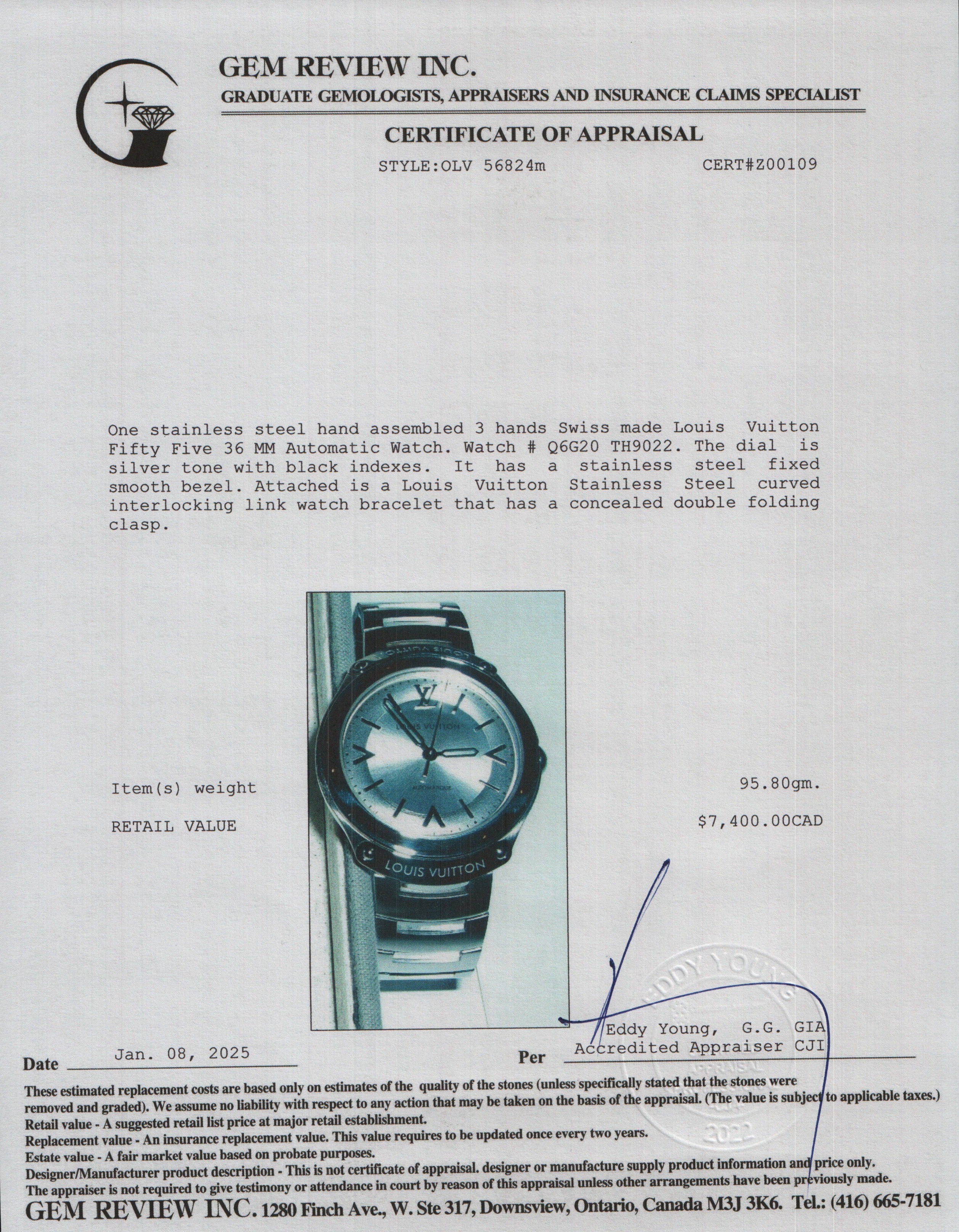 Louis Vuitton Stainless Steel Fifty Five 36 MM Automatic Watch Q6G20