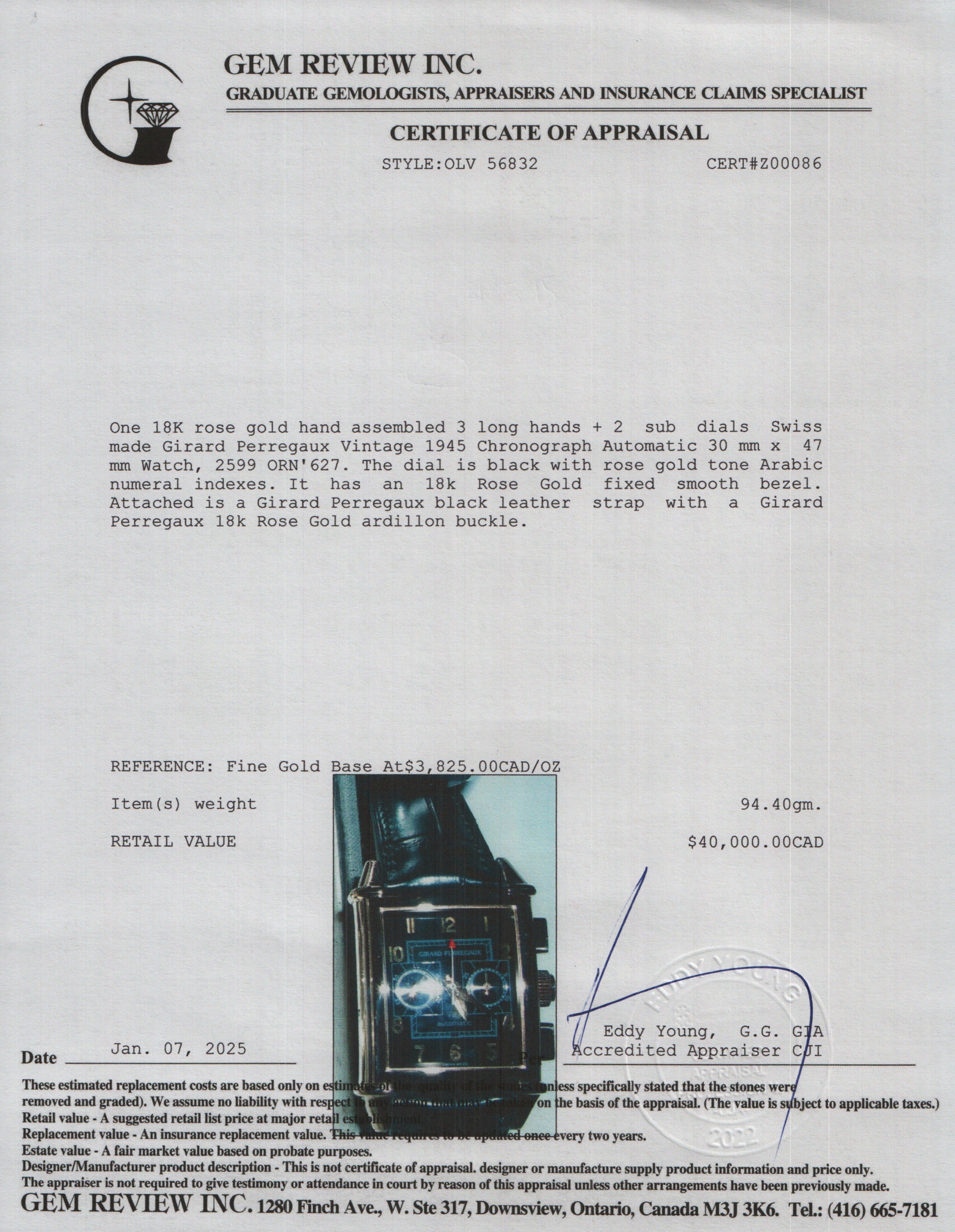 Girard Perregaux 18k Rose Gold Black Dial Vintage 1945 Chronograph Automatic Watch 2599
