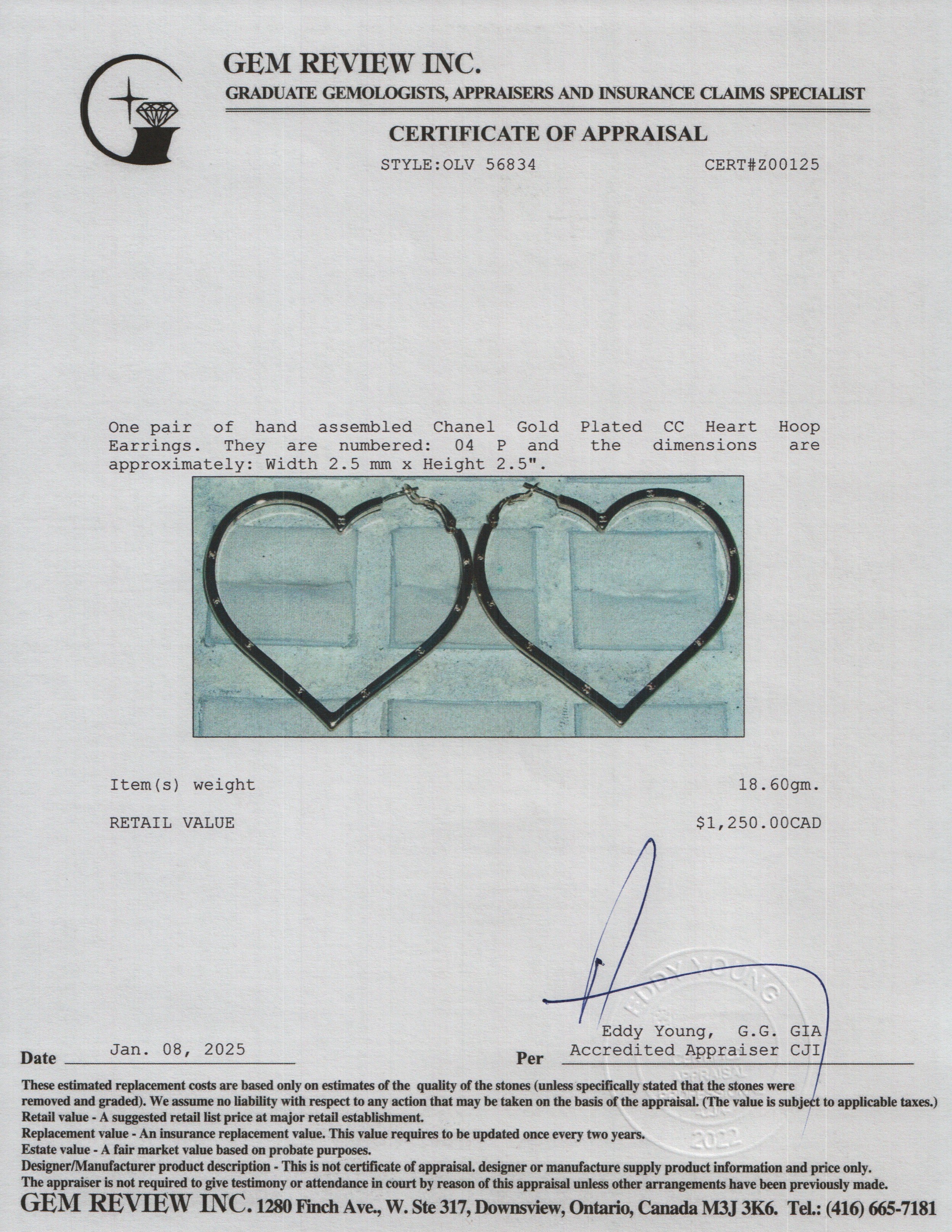 Chanel Gold Plated CC Heart Hoop Earrings