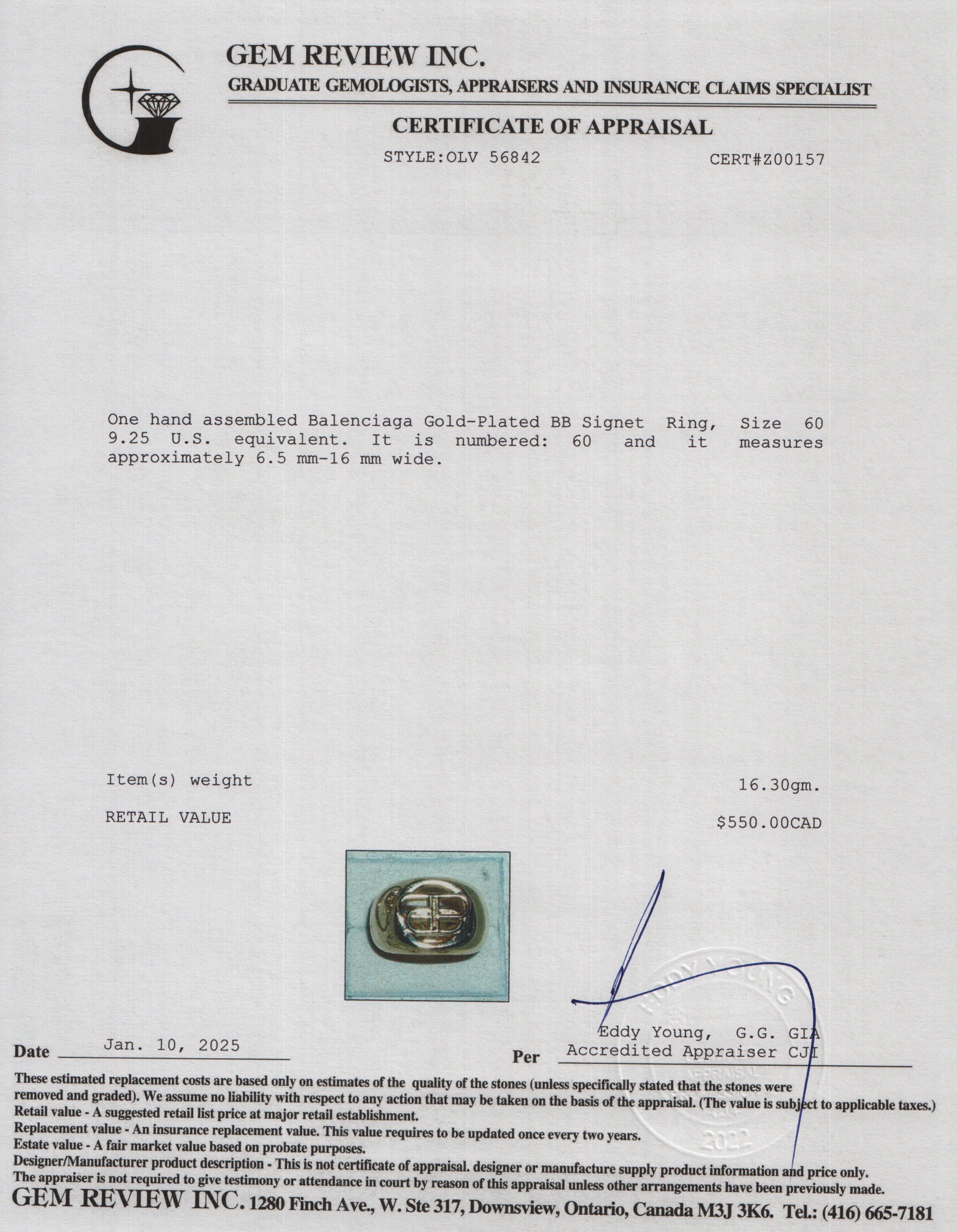 Balenciaga Gold-Plated BB Signet Ring, Size 60 9.25