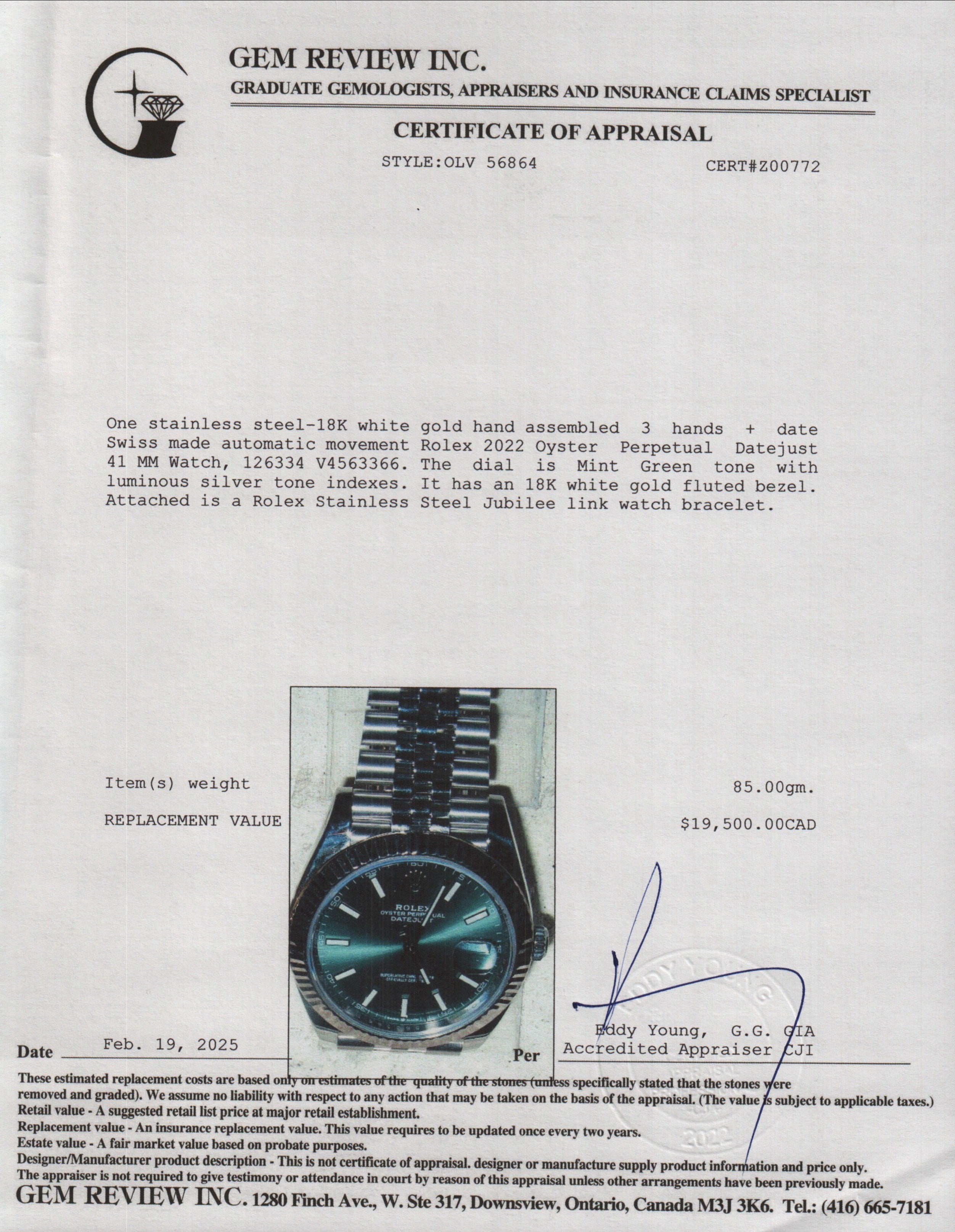 Rolex 2022 Stainless Steel Oyster Perpetual Datejust 41 MM Watch Mint Green Dial 126334 w/ Box & Papers