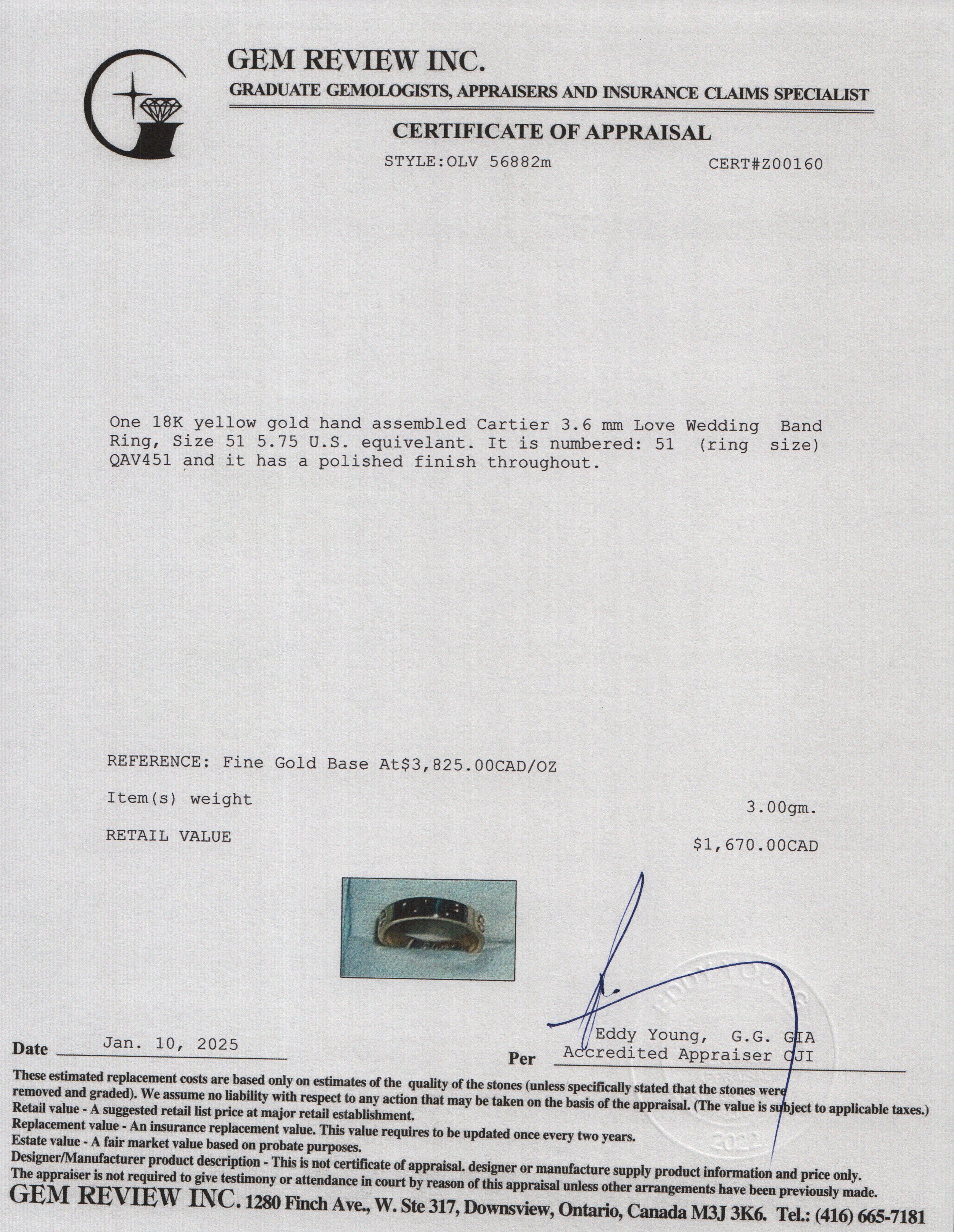 Cartier 2022 18k Yellow Gold 3.6 mm Love Wedding Band Ring, Size 51 5.75 w/ Box & Certificate