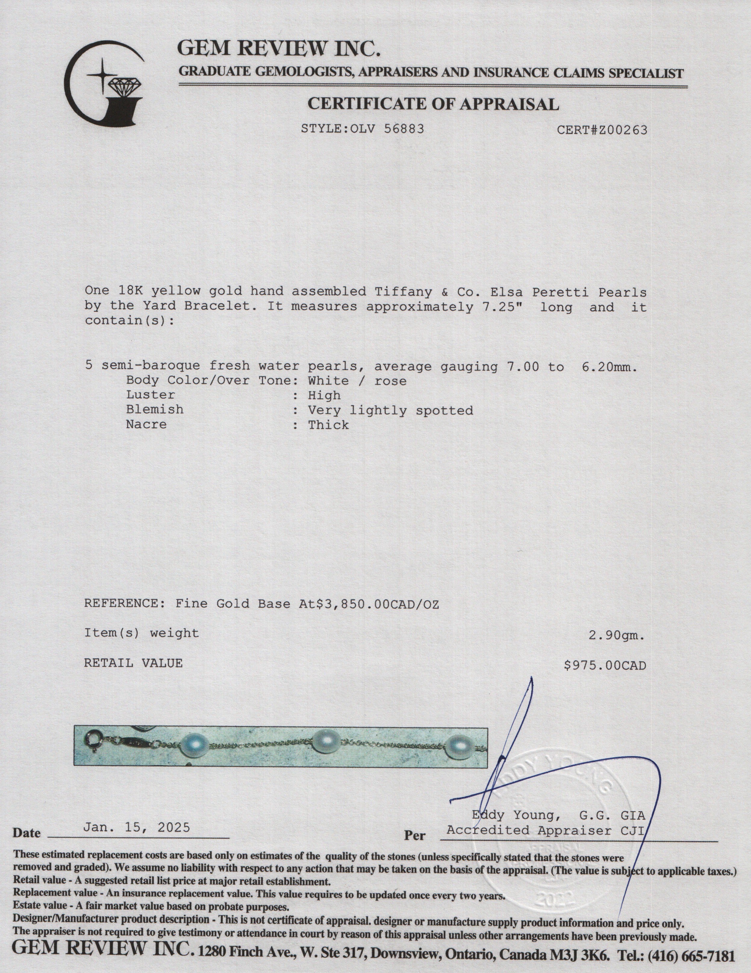 Tiffany & Co. Elsa Peretti 18k Yellow Gold Pearls by the Yard Bracelet w/ Box