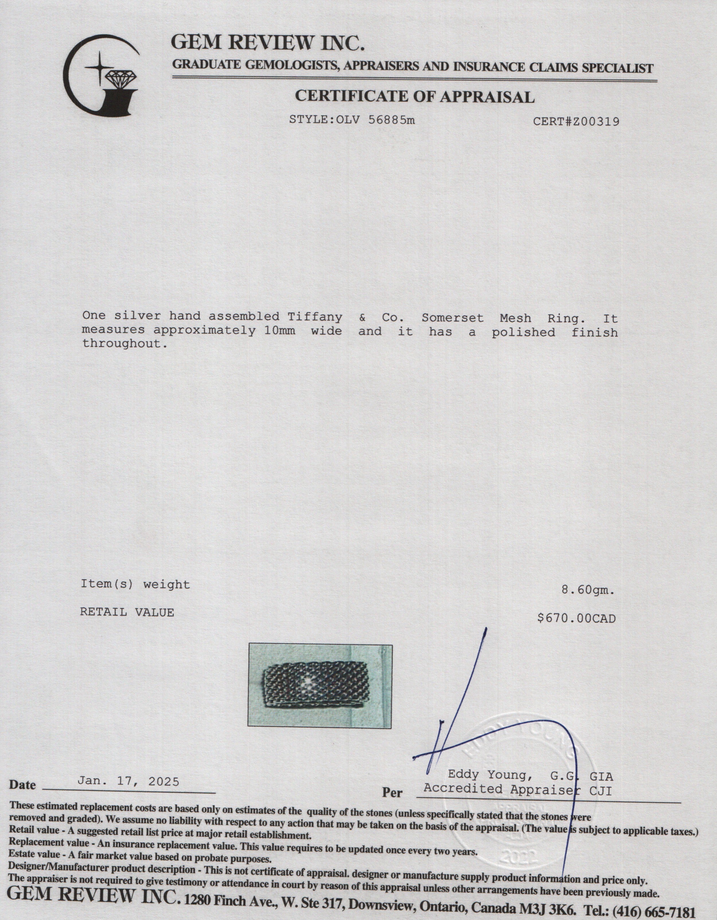 Tiffany & Co. Sterling Silver Somerset Mesh Ring, Size 8.25