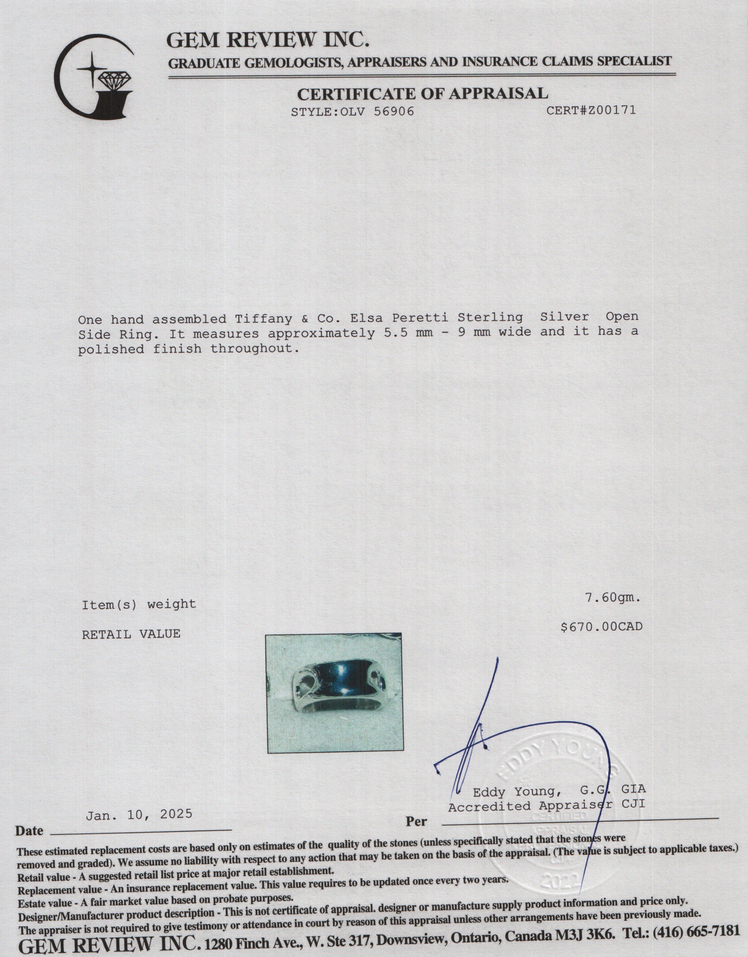 Tiffany & Co. Elsa Peretti Sterling Silver Open Side Ring, Size 6.75