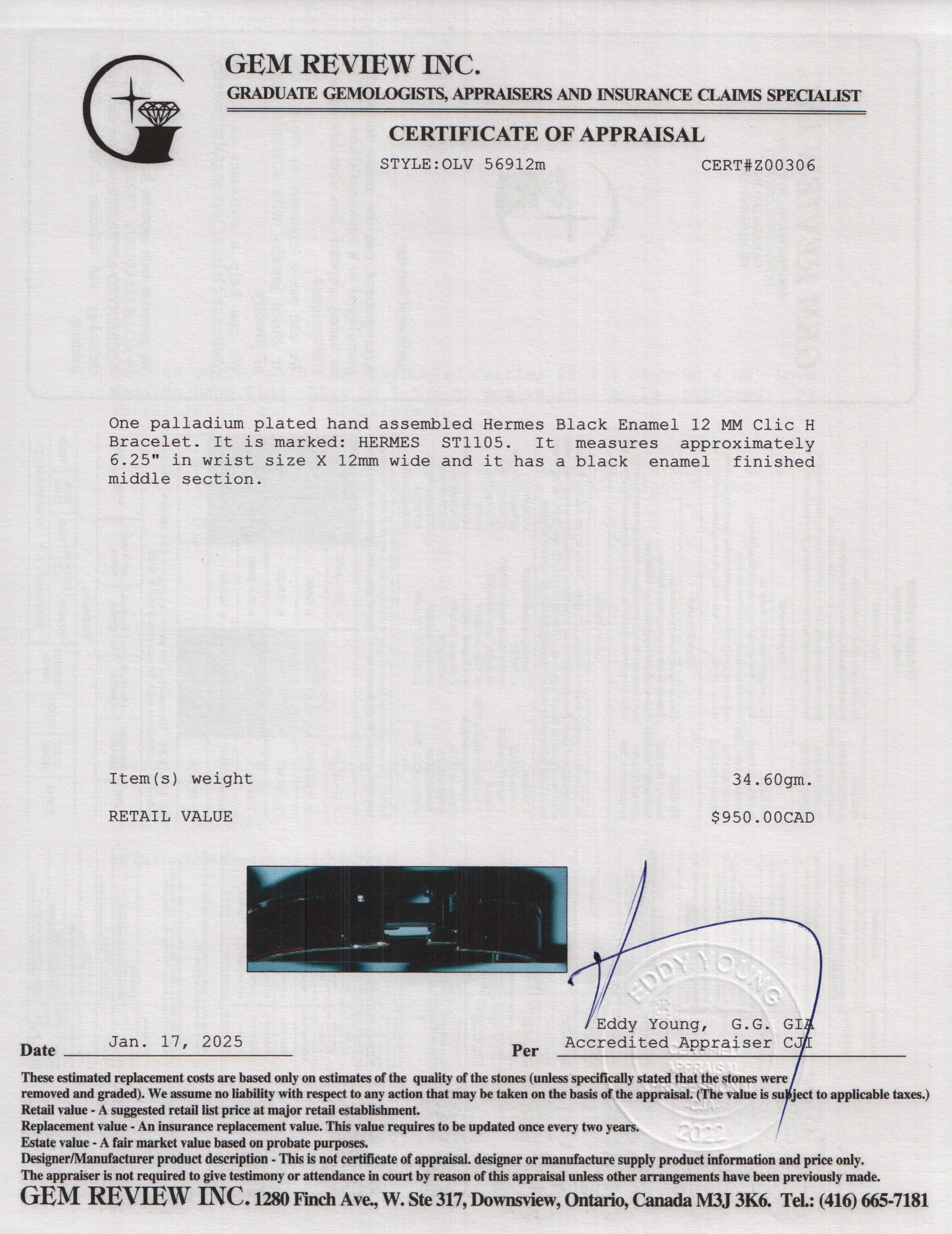 Hermes Palladium Plated Black Enamel 12 MM Clic H Bracelet w/ Box