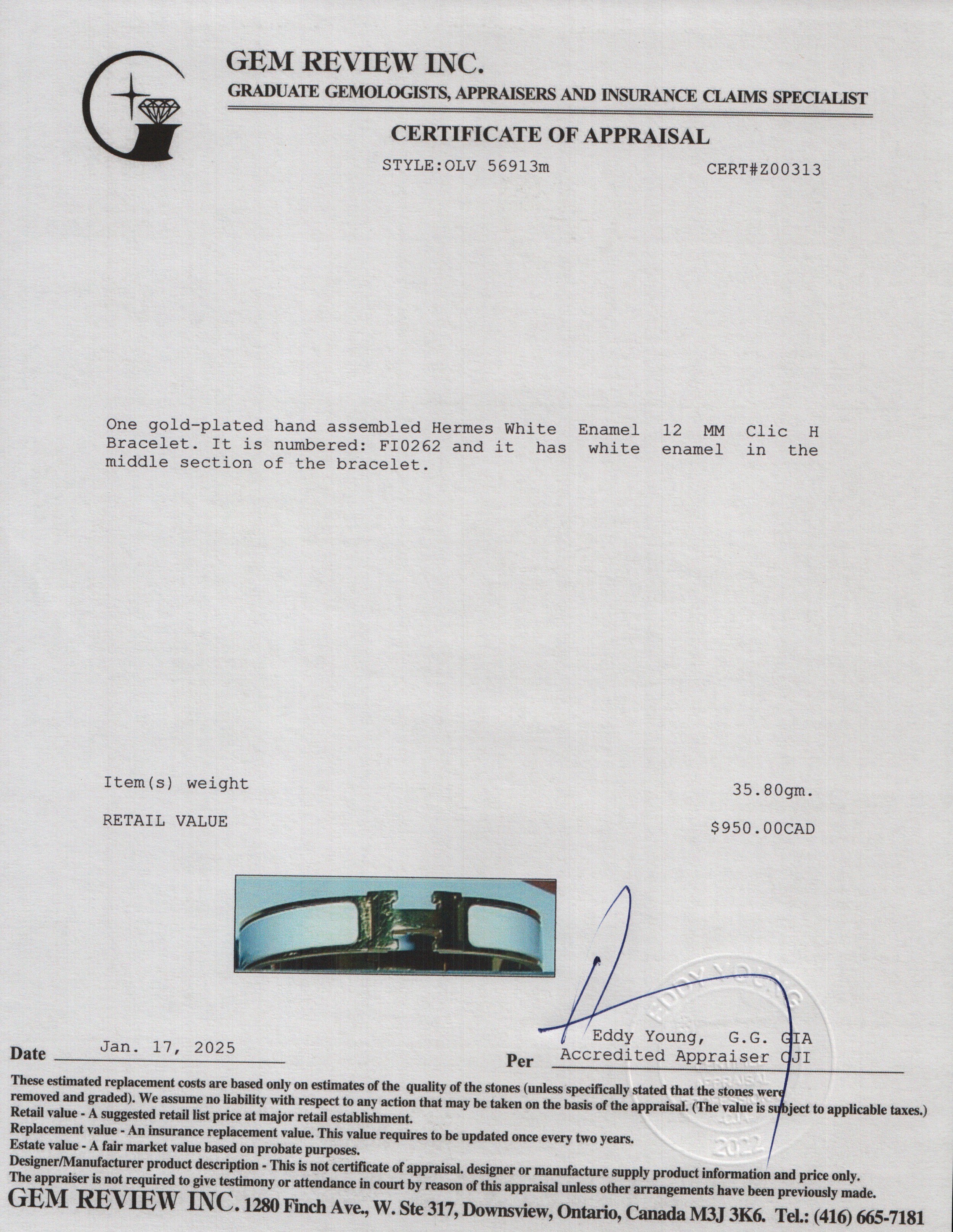 Hermes Gold Plated White Enamel 12 MM Clic H Bracelet w/ Box