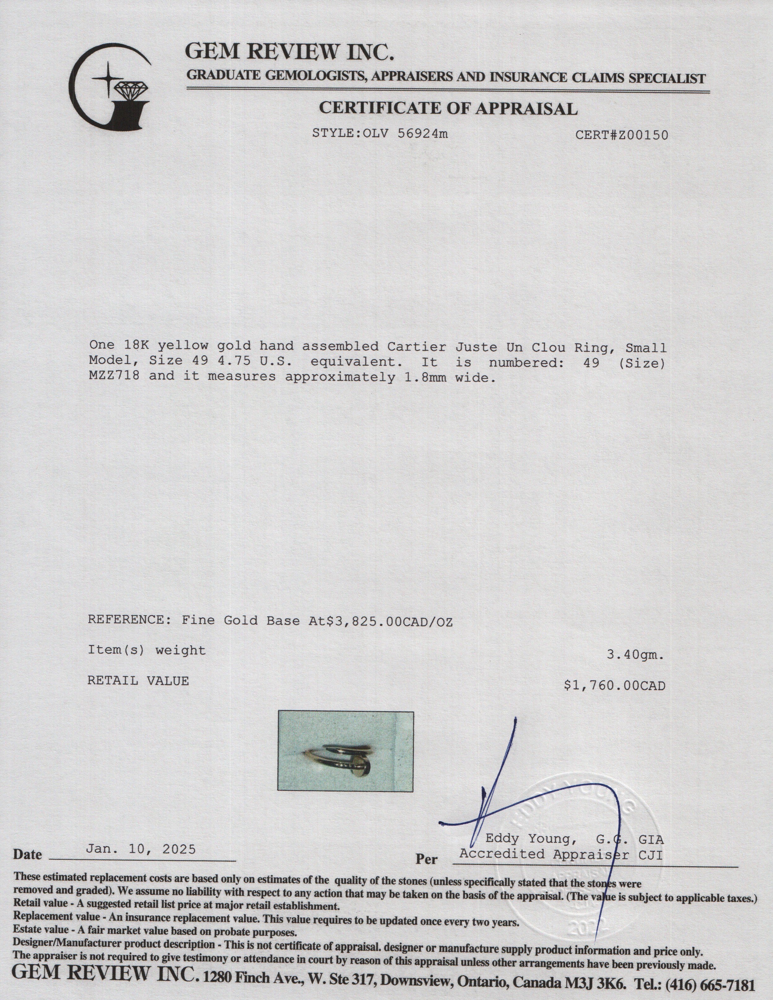 Cartier 18k Yellow Gold Juste Un Clou Ring, Small Model, Size 49 4.75 w/ Box, Receipt & Certificate