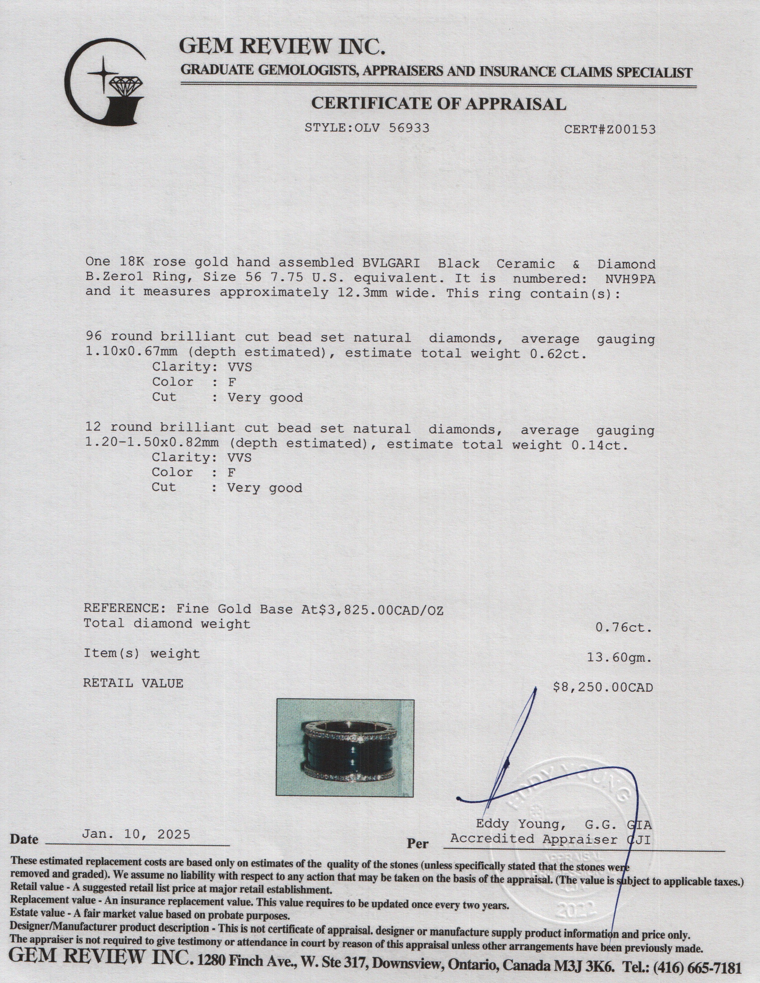 BVLGARI 18k Rose Gold Black Ceramic & Diamond B.Zero1 Ring, Size 56 7.75 w/ Box