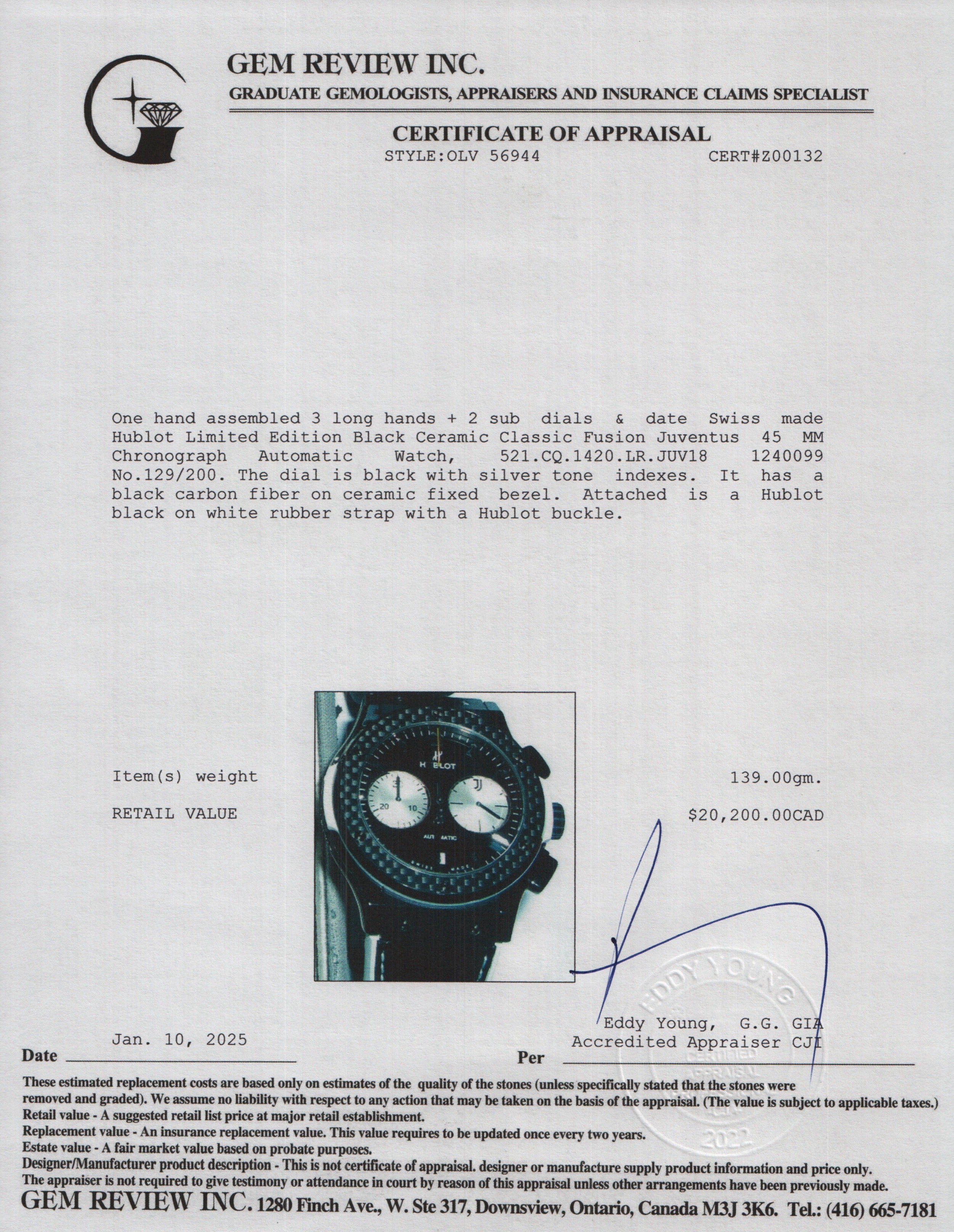 Hublot Limited Edition Black Ceramic Classic Fusion Juventus 45 MM Chronograph Automatic Watch