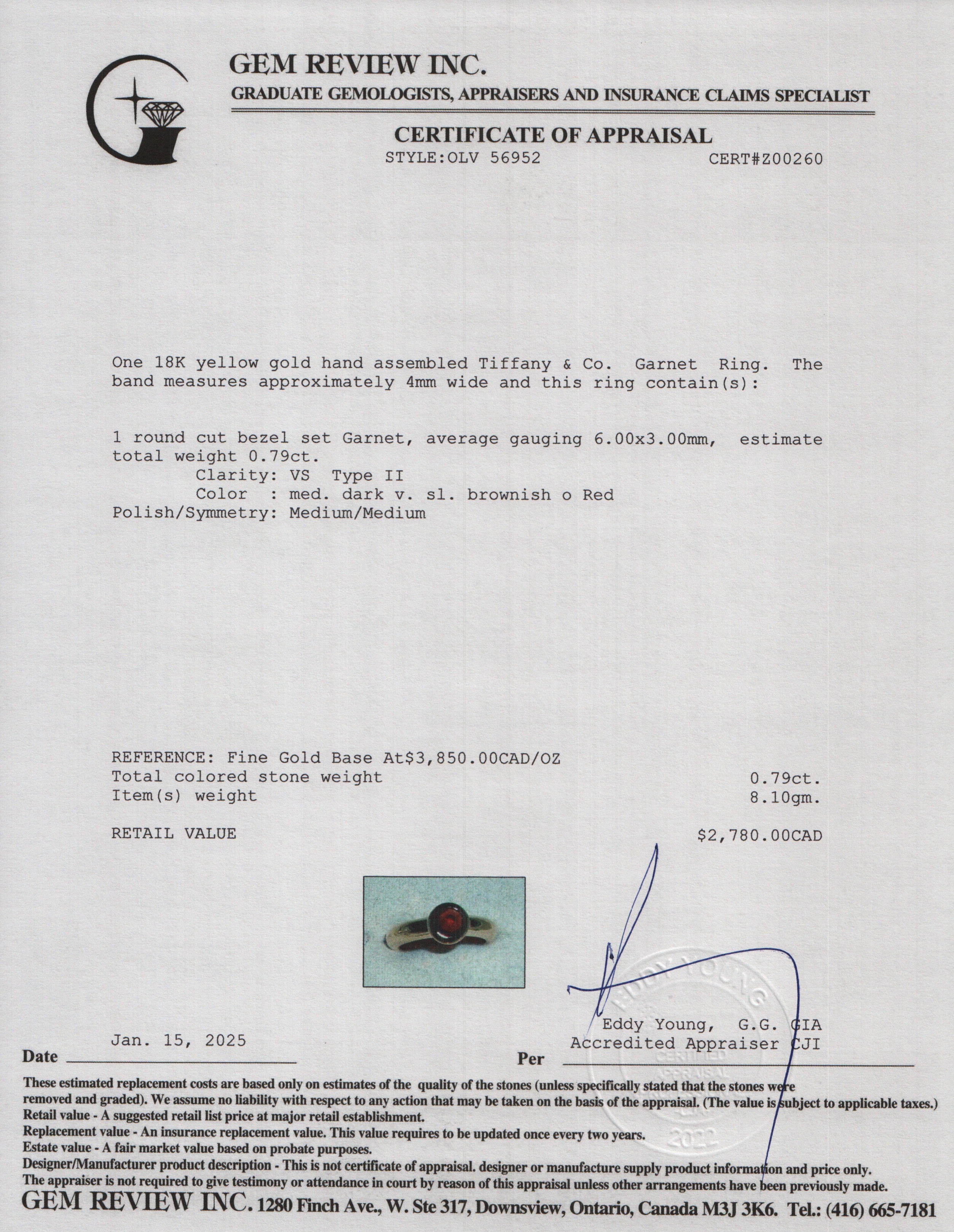 Tiffany & Co. 18k Yellow Gold Garnet Ring, Size 6.5