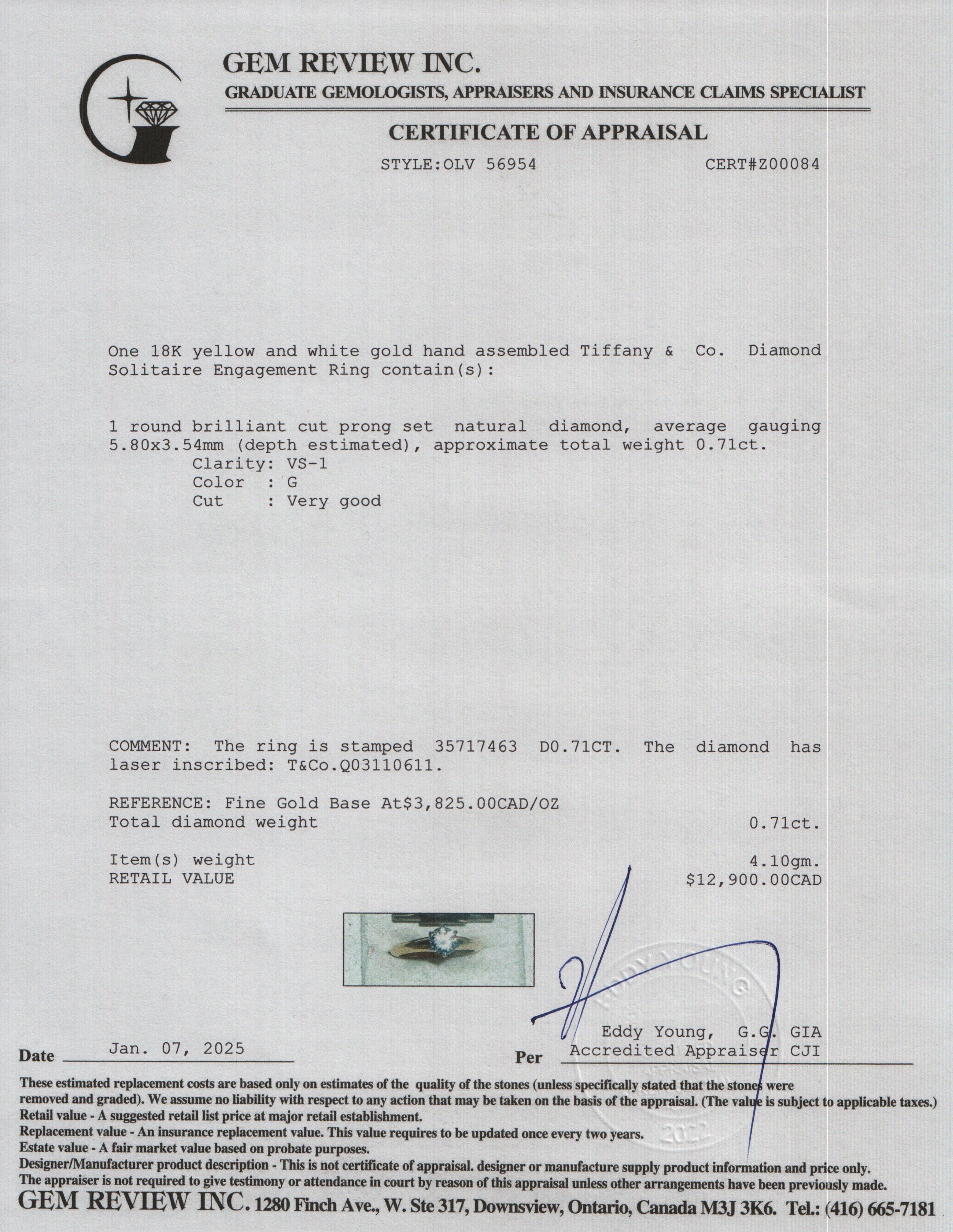 Tiffany & Co. 18k Yellow Gold 0.71 ct. Round Brilliant Cut Diamond Solitaire Engagement Ring, Size 5.5 w/ Box